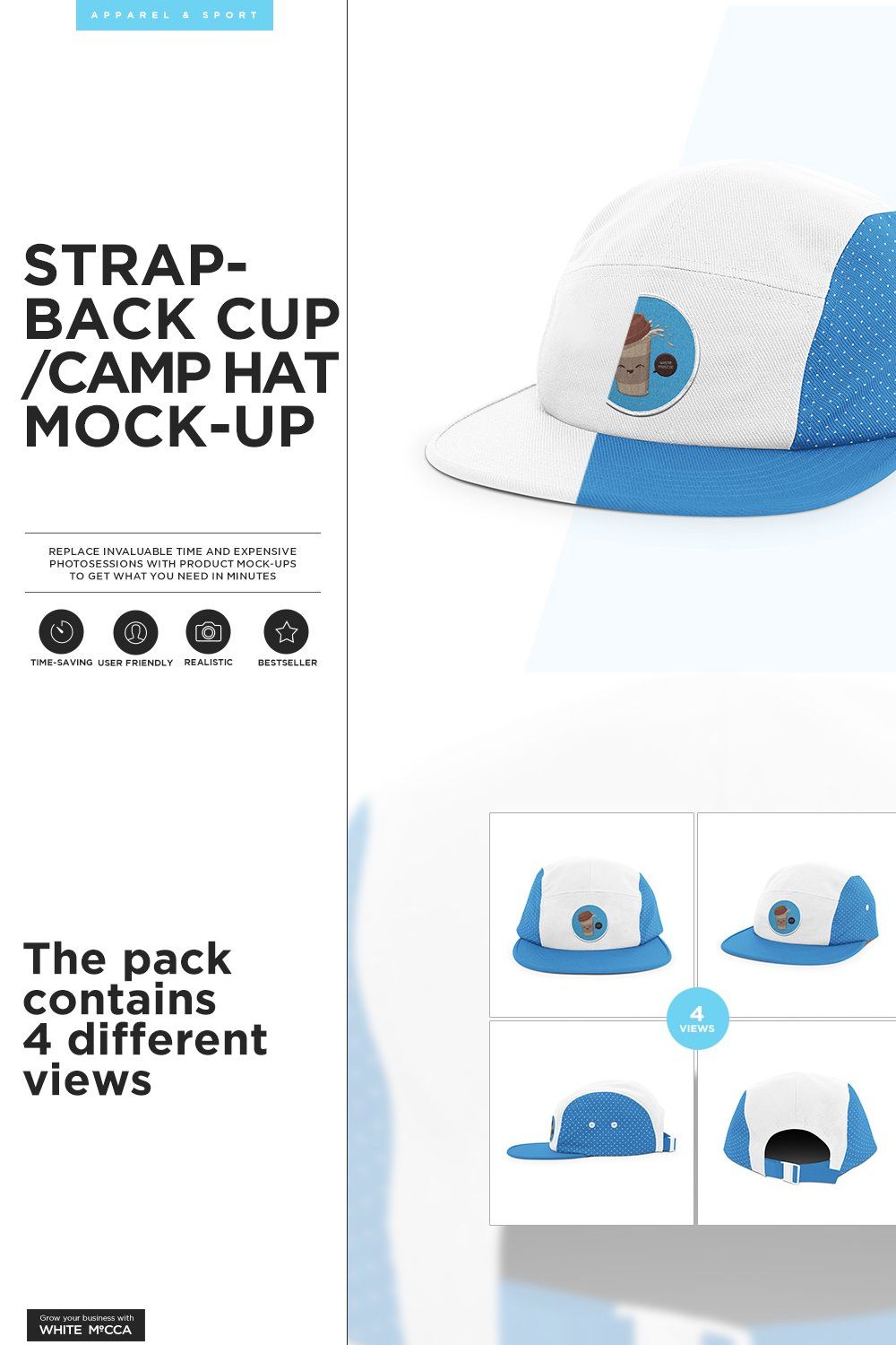 Strapback Cap / Camp Hat Mock-up pinterest preview image.