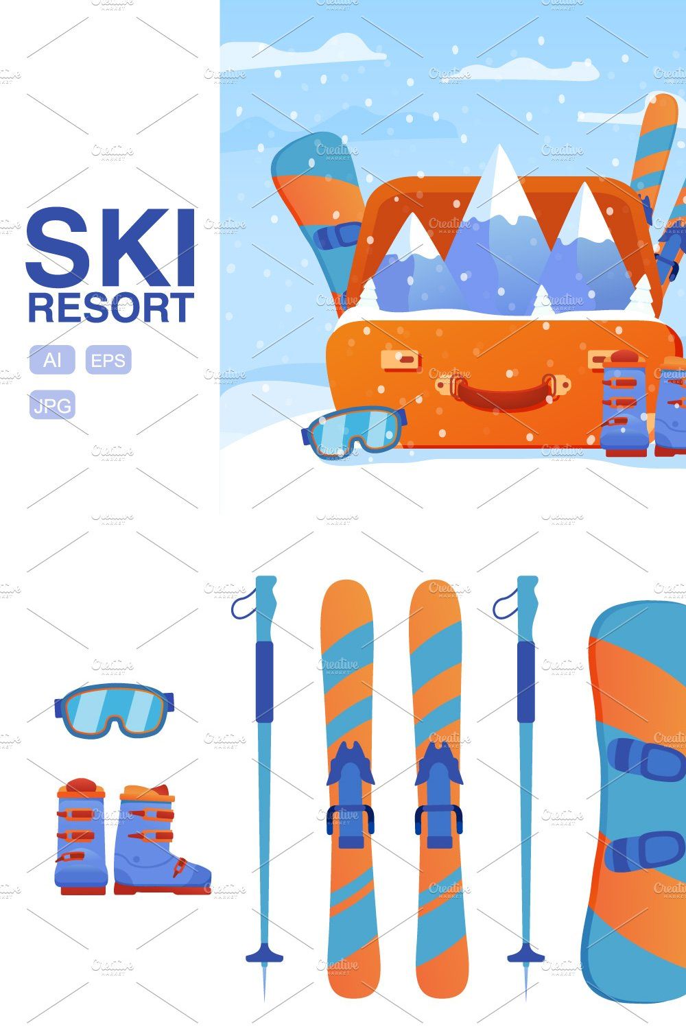 Suitcase vacation at a ski resort. pinterest preview image.