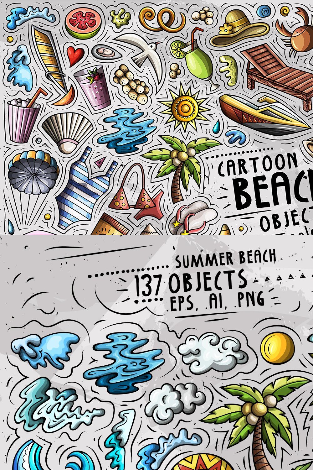 Summer Beach Cartoon Objects Set pinterest preview image.