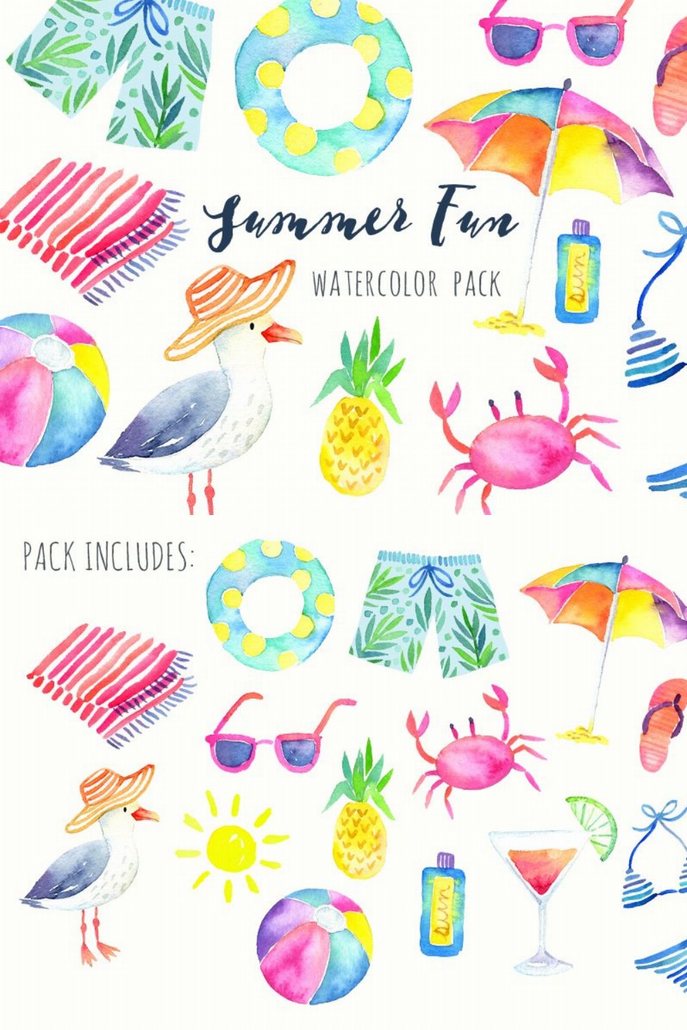 Summer Beach Party Watercolor Pack pinterest preview image.