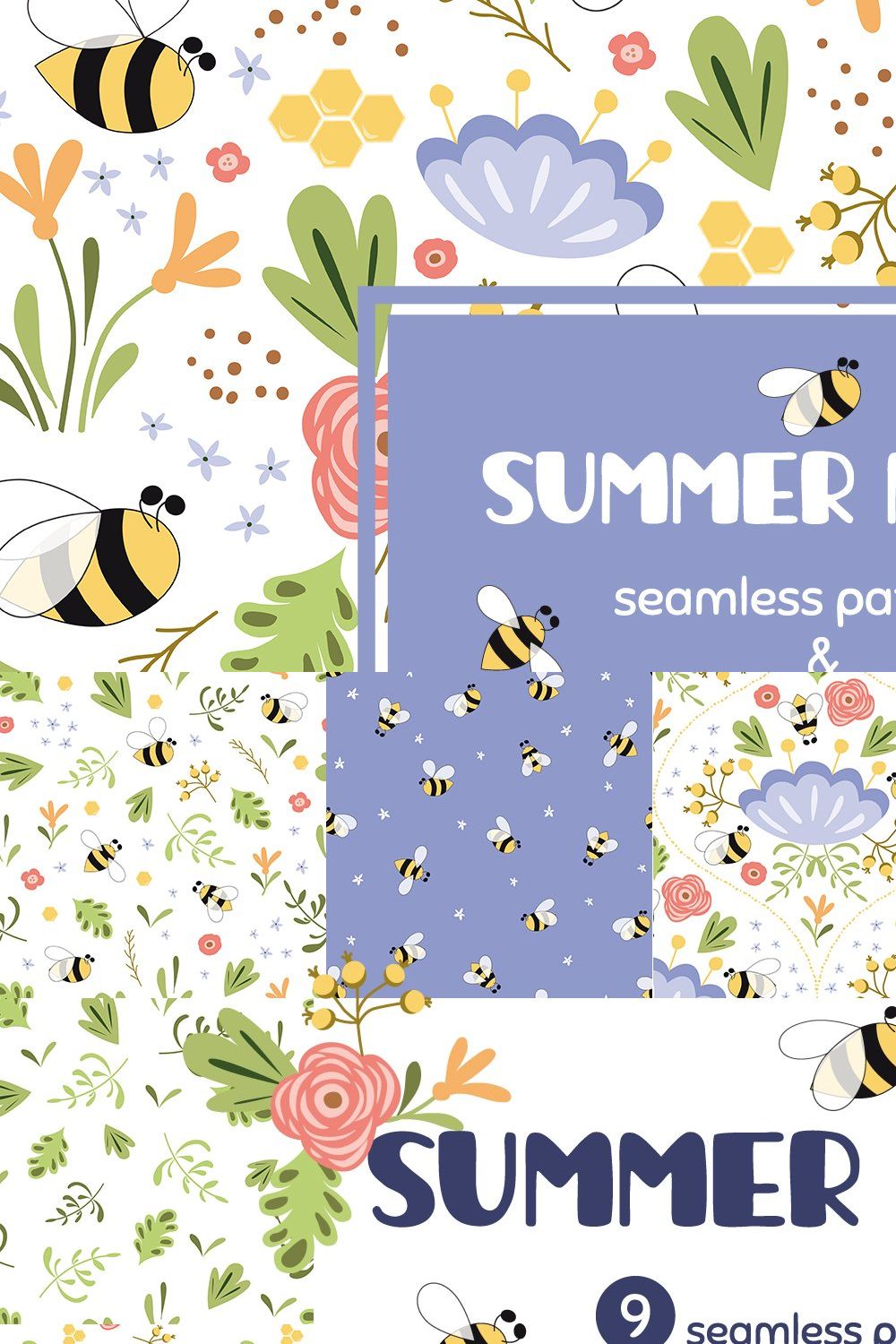 Summer Bee Patterns & Elements pinterest preview image.
