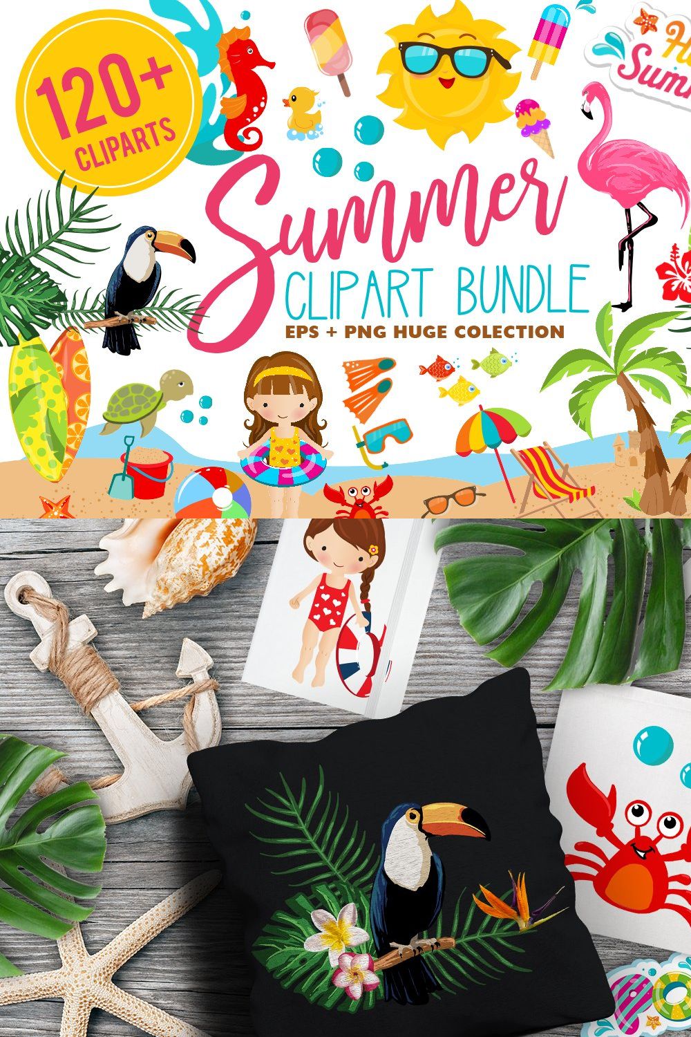 Summer Clipart Bundle - 126 cliparts pinterest preview image.