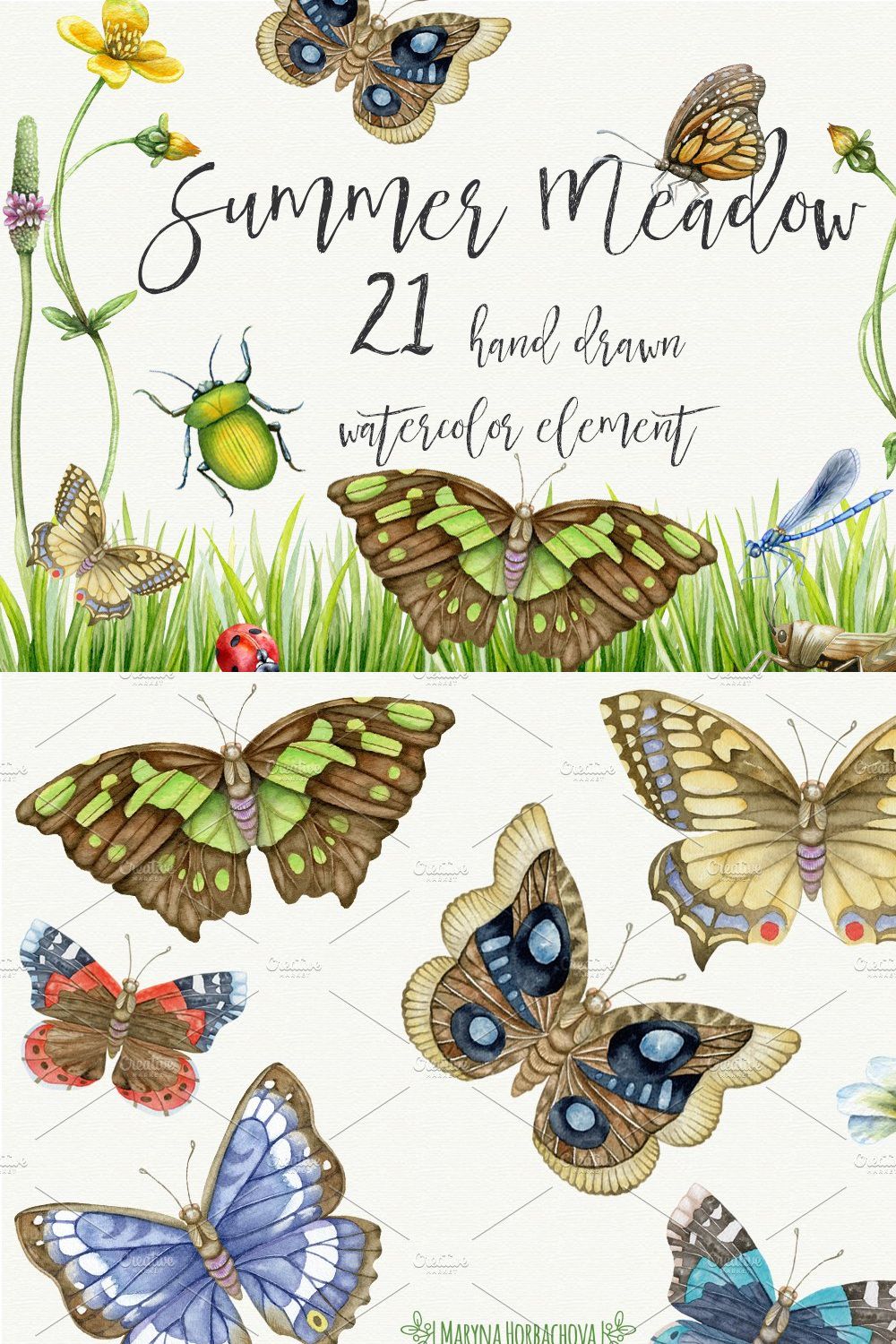 Summer Meadow. Watercolor clipart pinterest preview image.