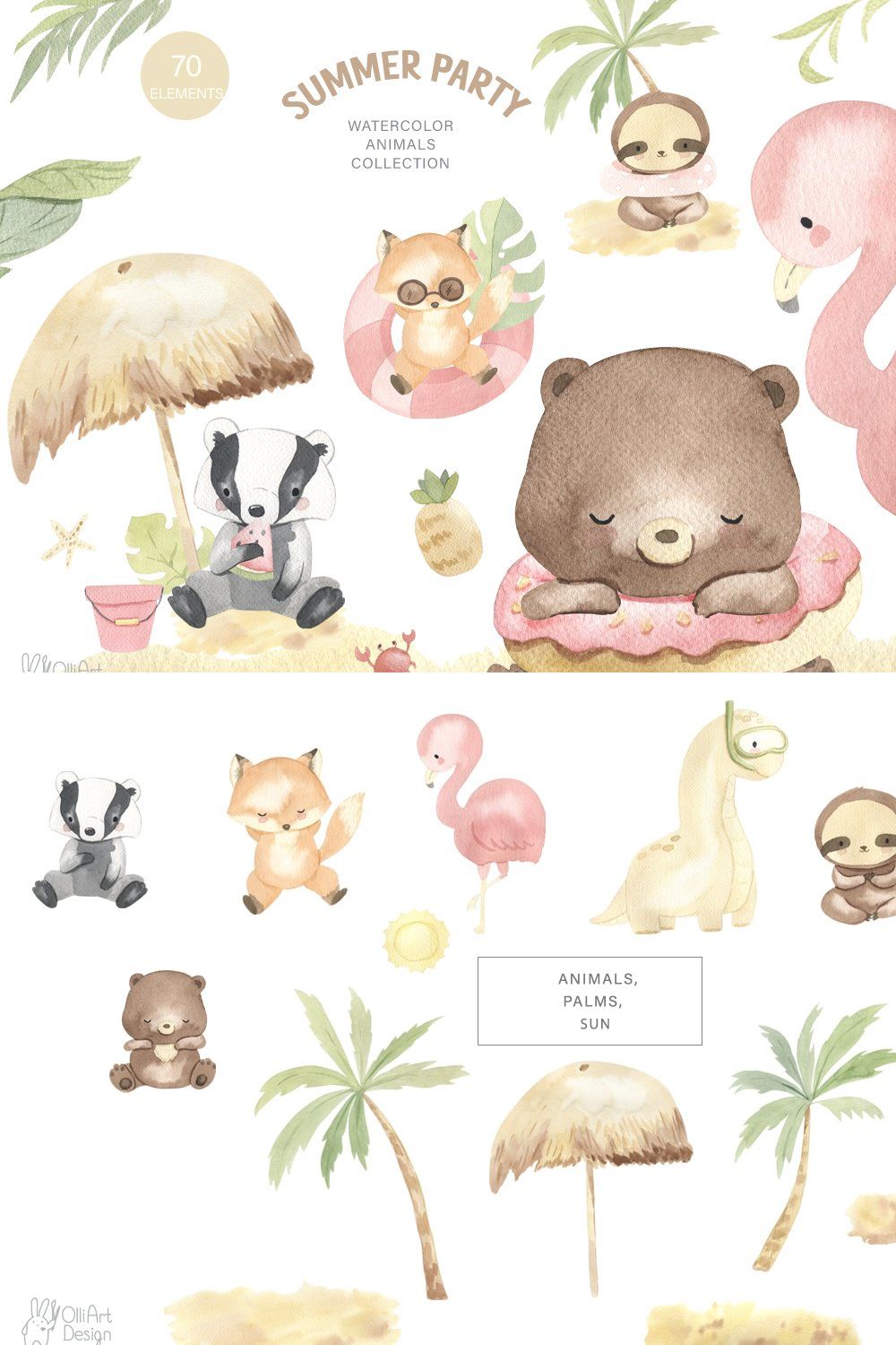 SUMMER PARTY. Watercolor animal set pinterest preview image.