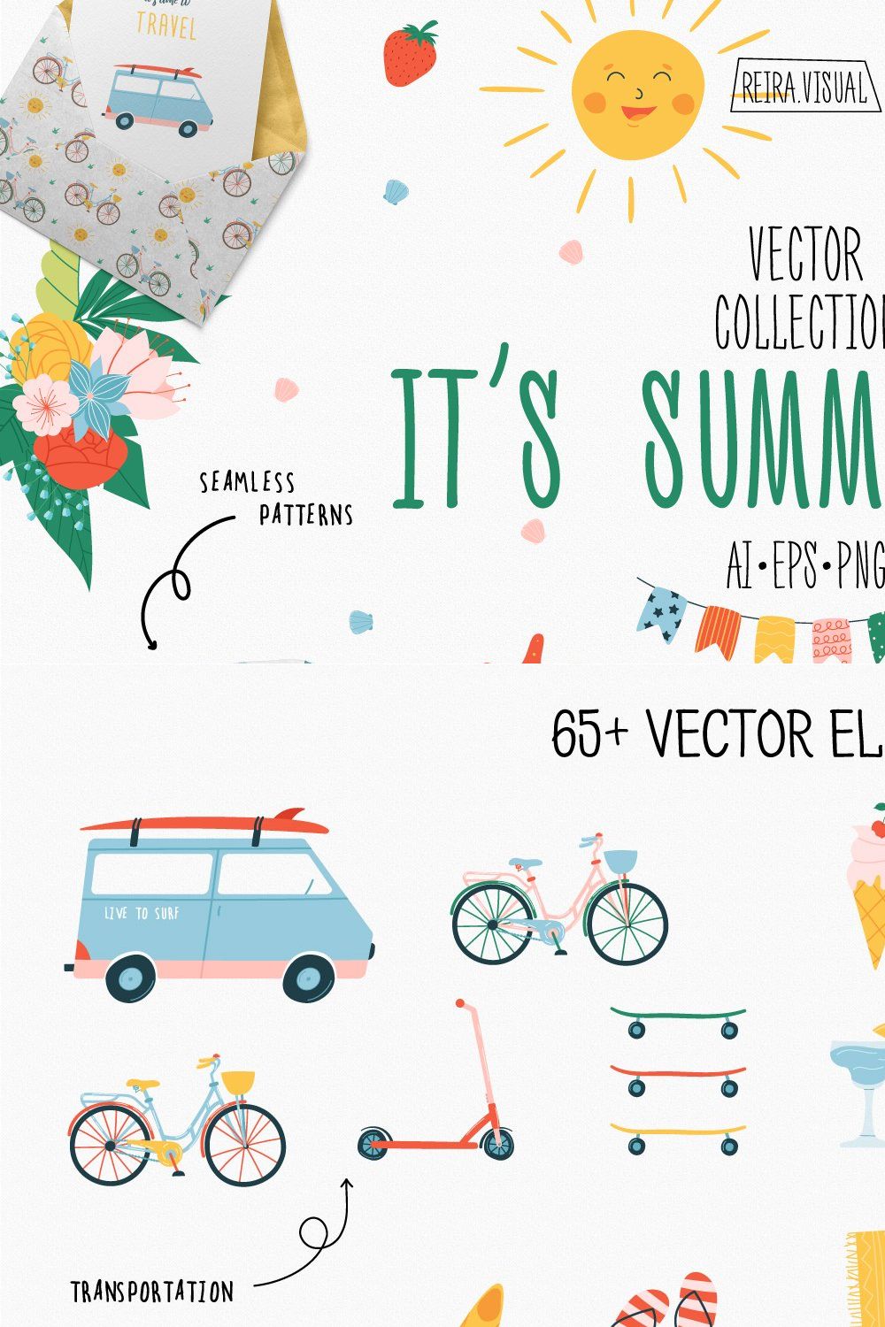 Summer vector clipart & pattern pinterest preview image.