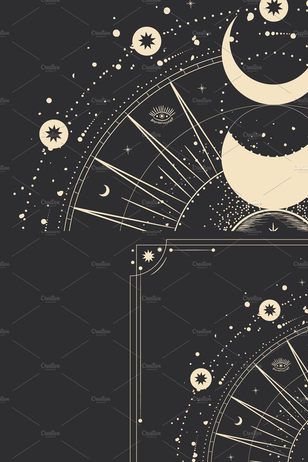 Sun and moon phases. Engraving pinterest preview image.