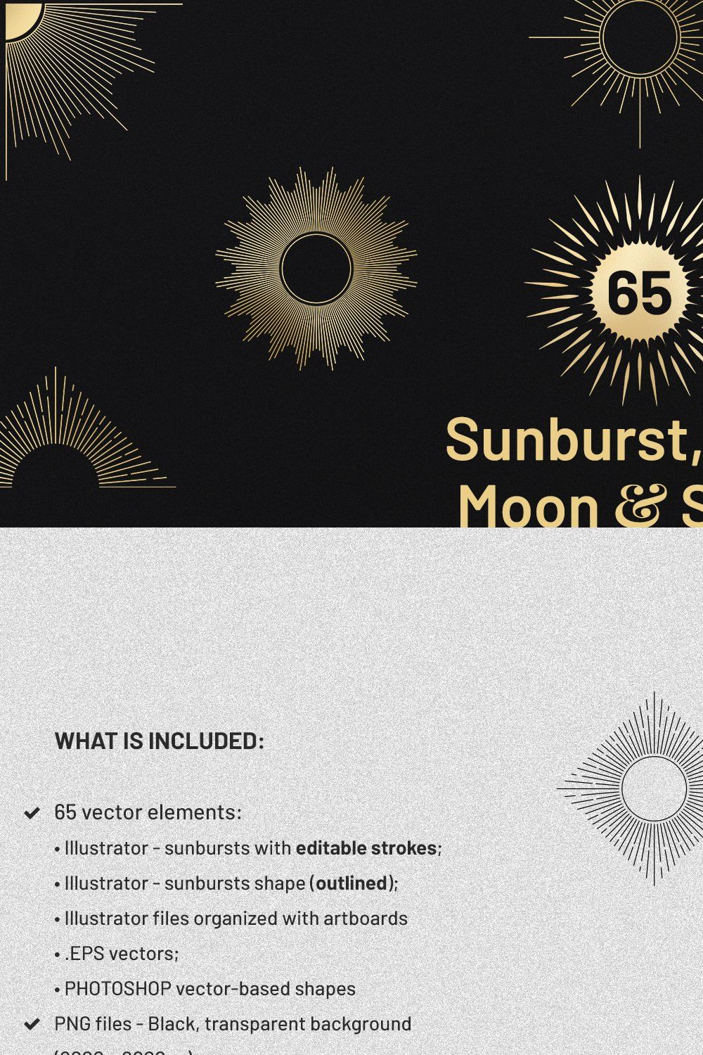 Sunburst, Sun, Moon & Stars vectors pinterest preview image.