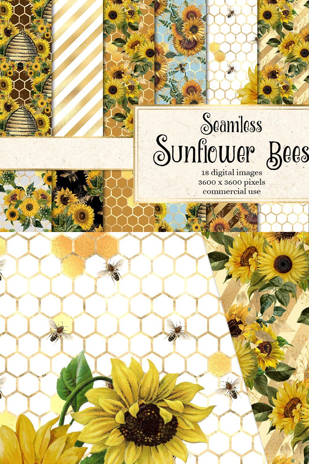 Sunflower Bee Digital Paper pinterest preview image.
