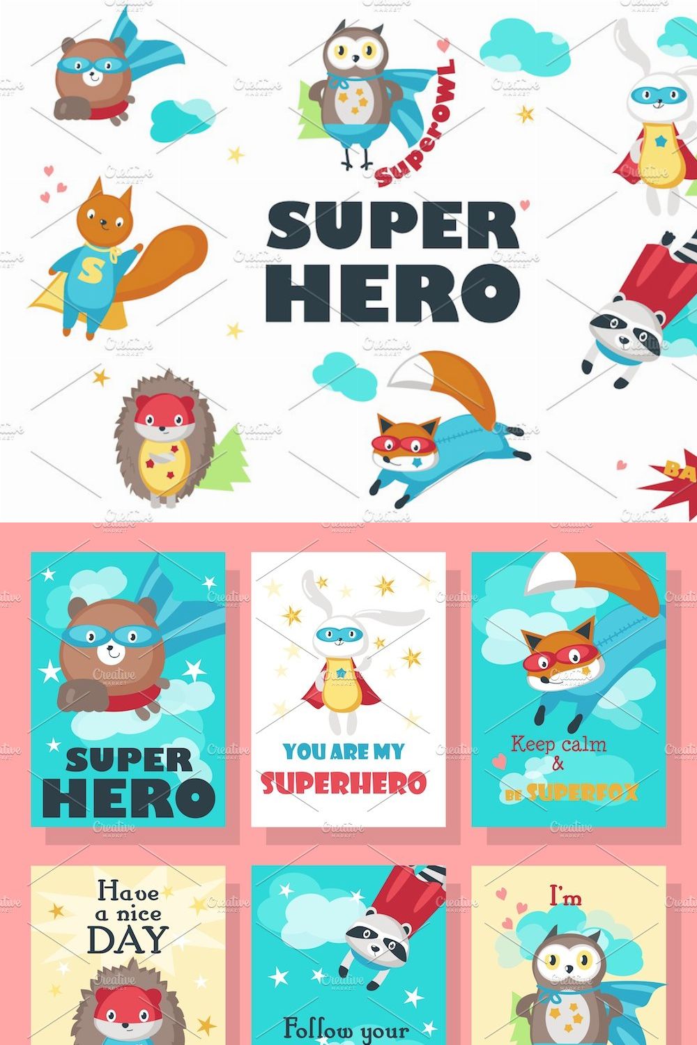 Superhero animals isolated & pattern pinterest preview image.