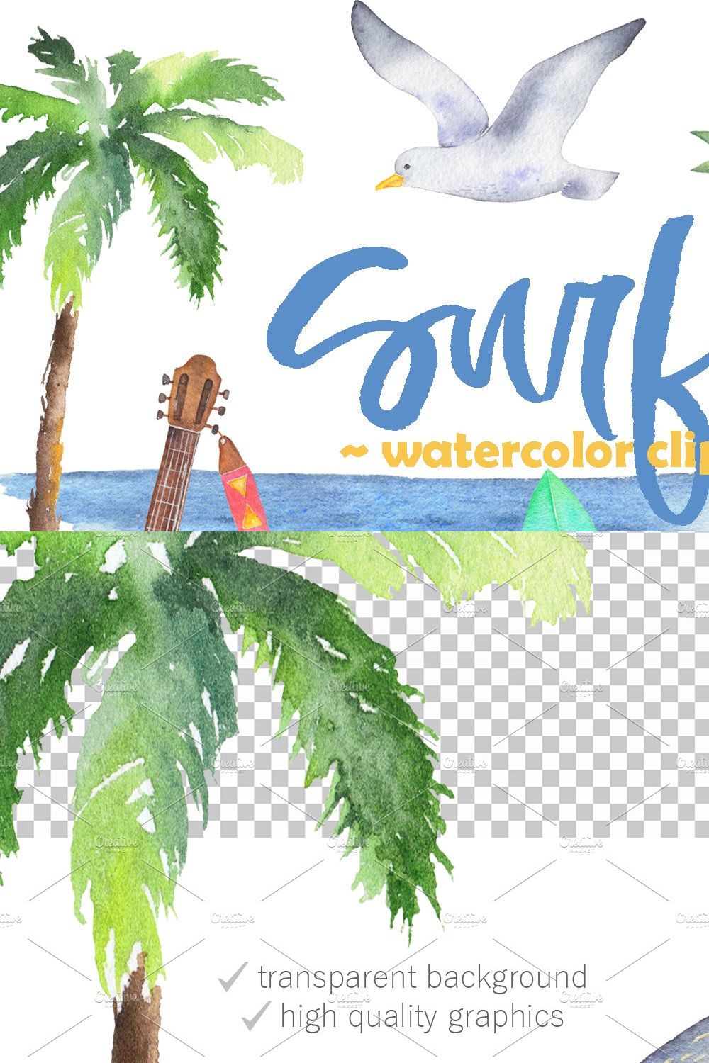 Surfing watercolor clipart set pinterest preview image.