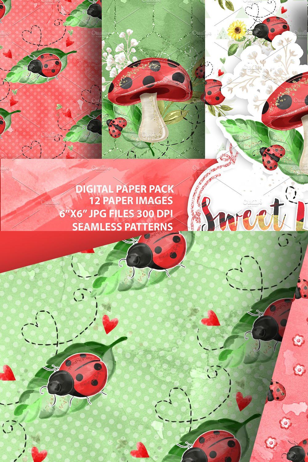 Sweet Ladybug digital paper pack pinterest preview image.