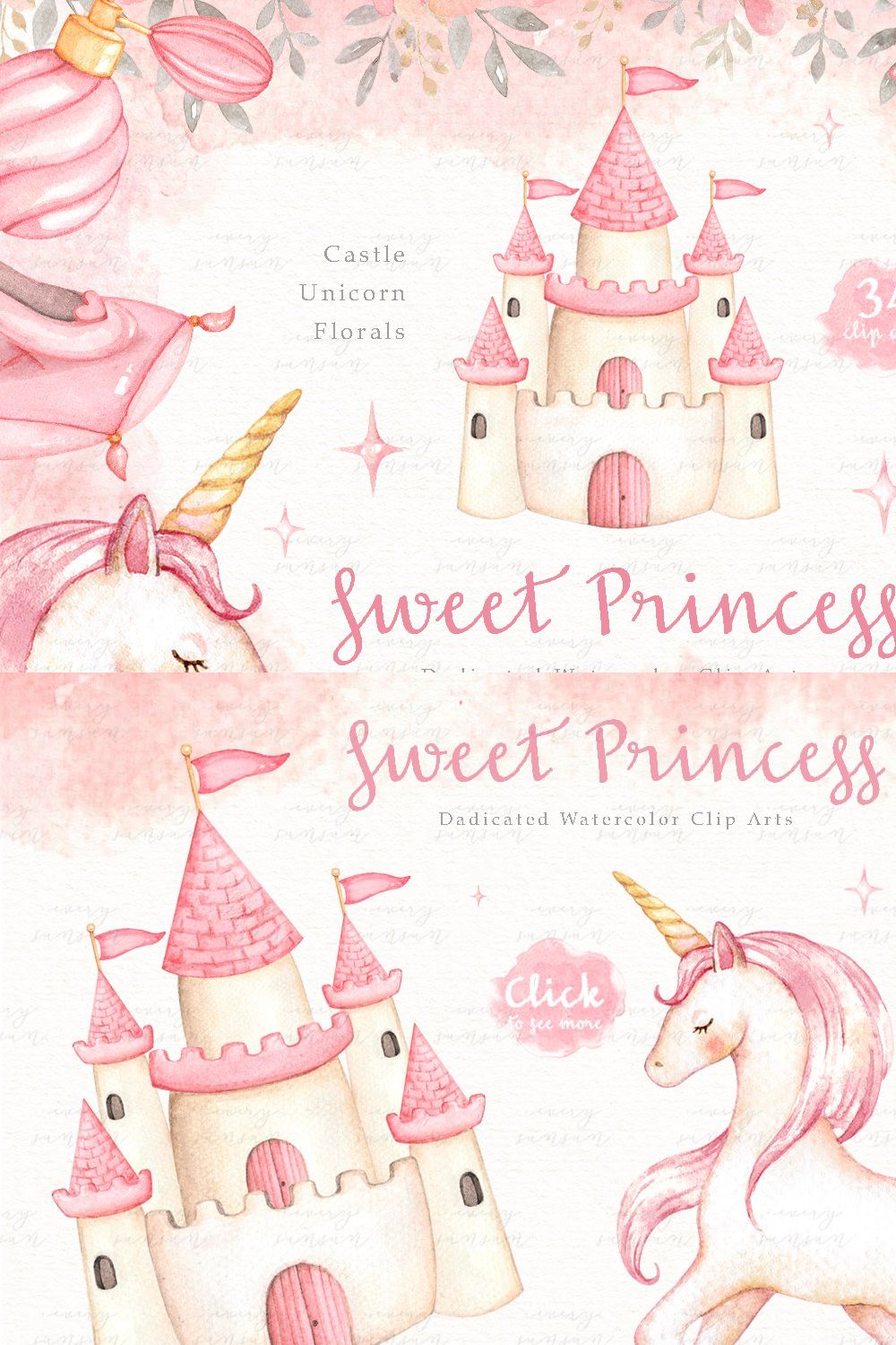 Sweet Princess Watercolor Clip Arts pinterest preview image.