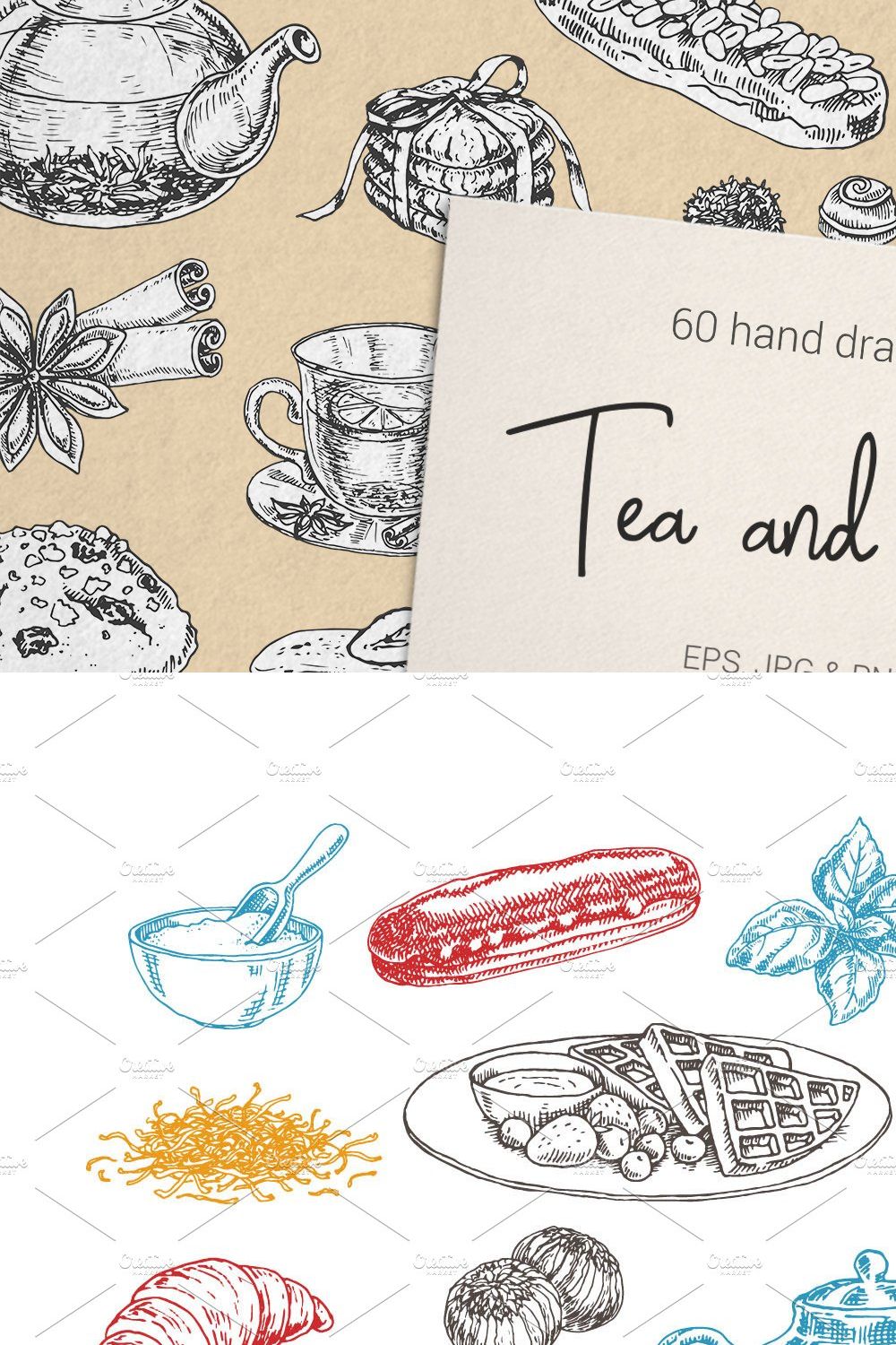 Tea and desserts set pinterest preview image.