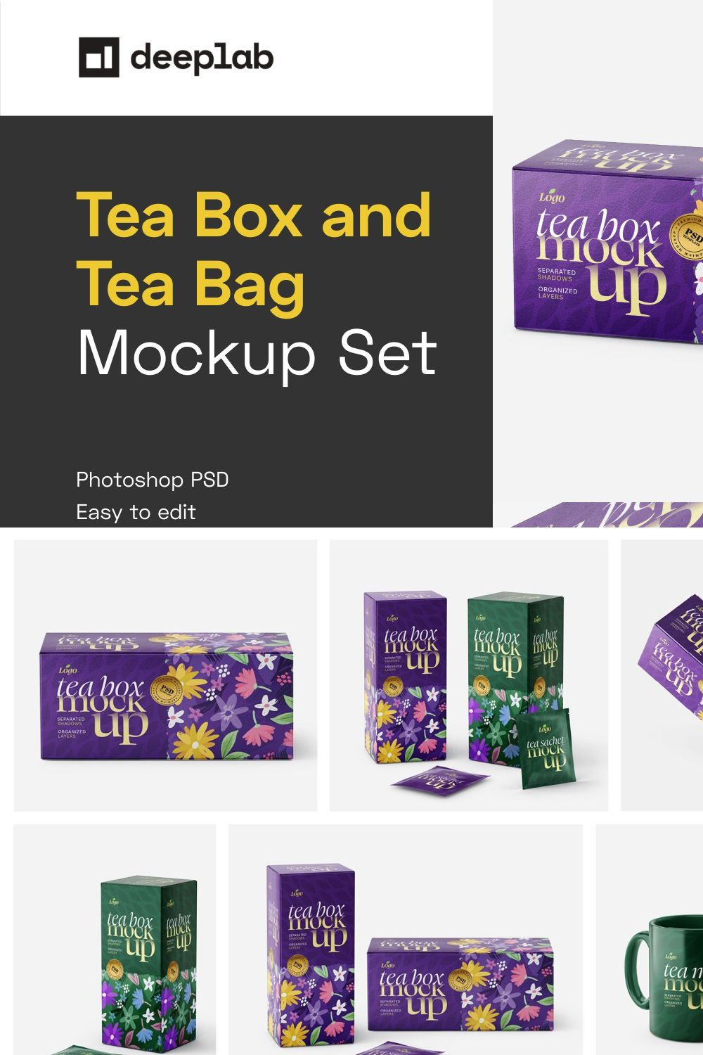 Tea Box and Tea Bag Mockup Set pinterest preview image.