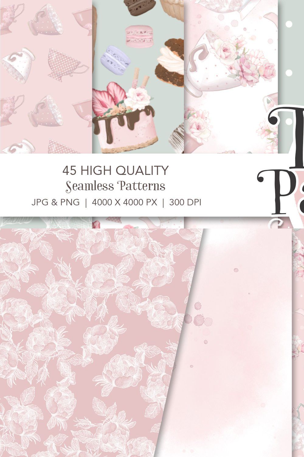 Tea & Patisserie Seamless Patterns pinterest preview image.