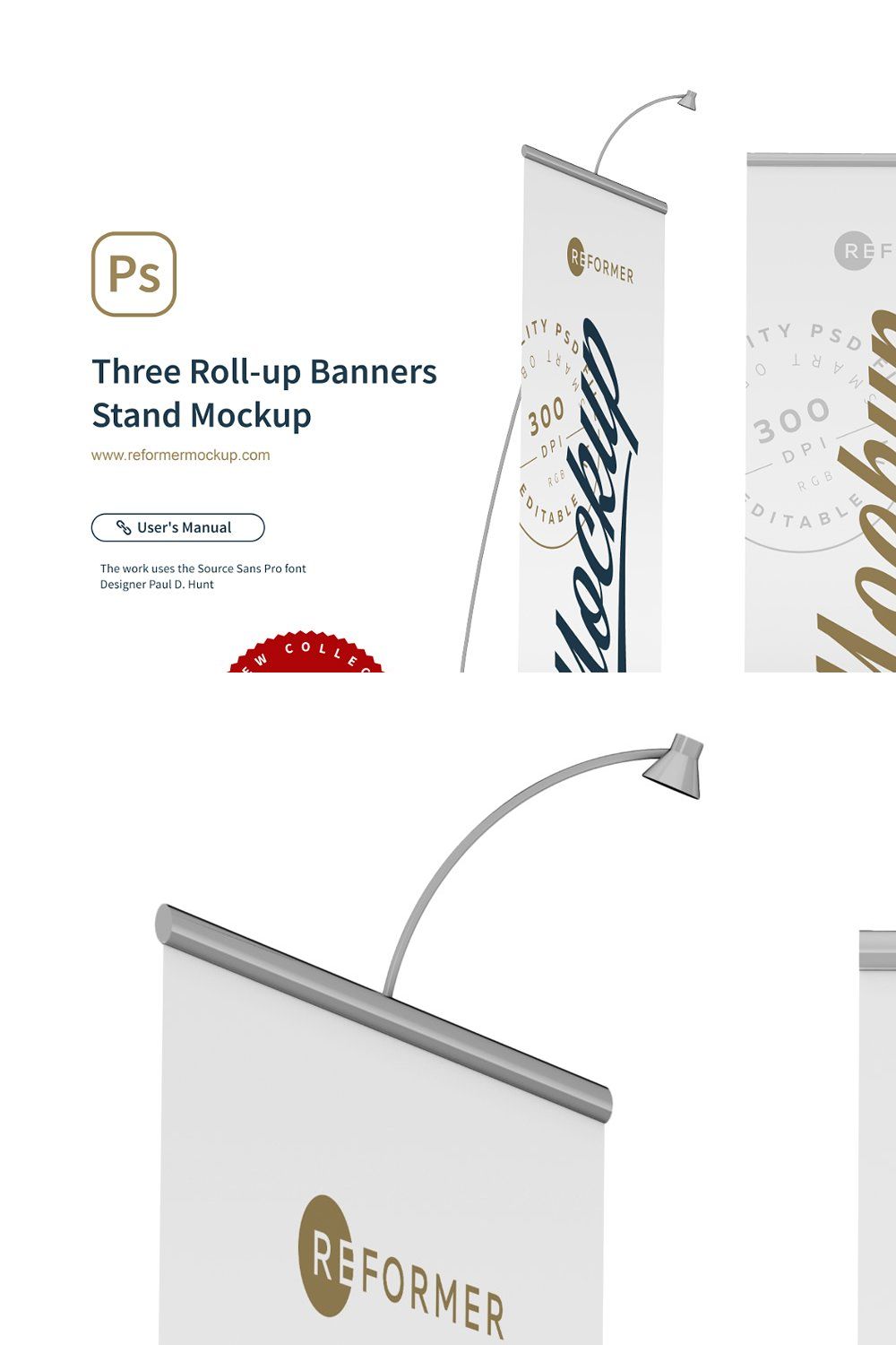Three Roll-up Banners Stand Mockup pinterest preview image.