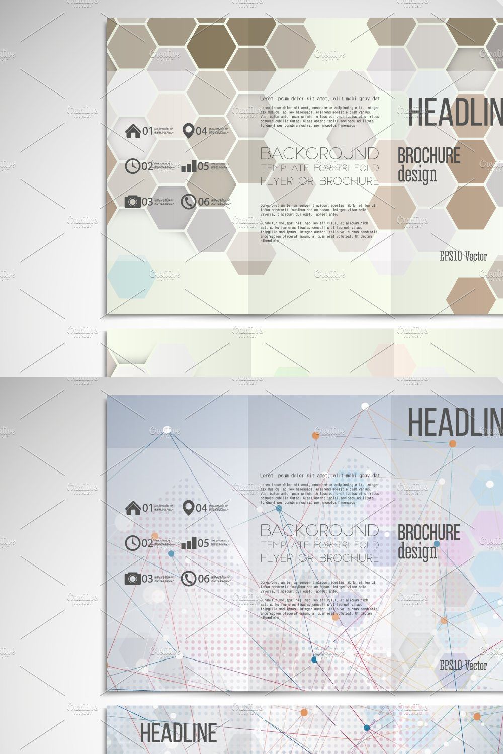 Tri-fold brochures with hexagons pinterest preview image.