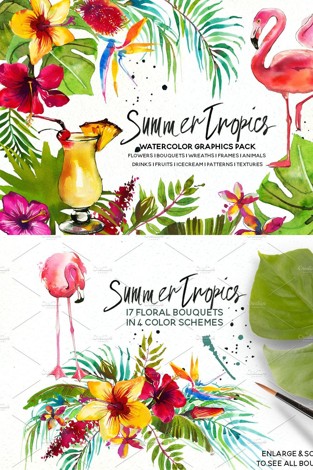 Tropic Watercolor Flowers & Animals pinterest preview image.