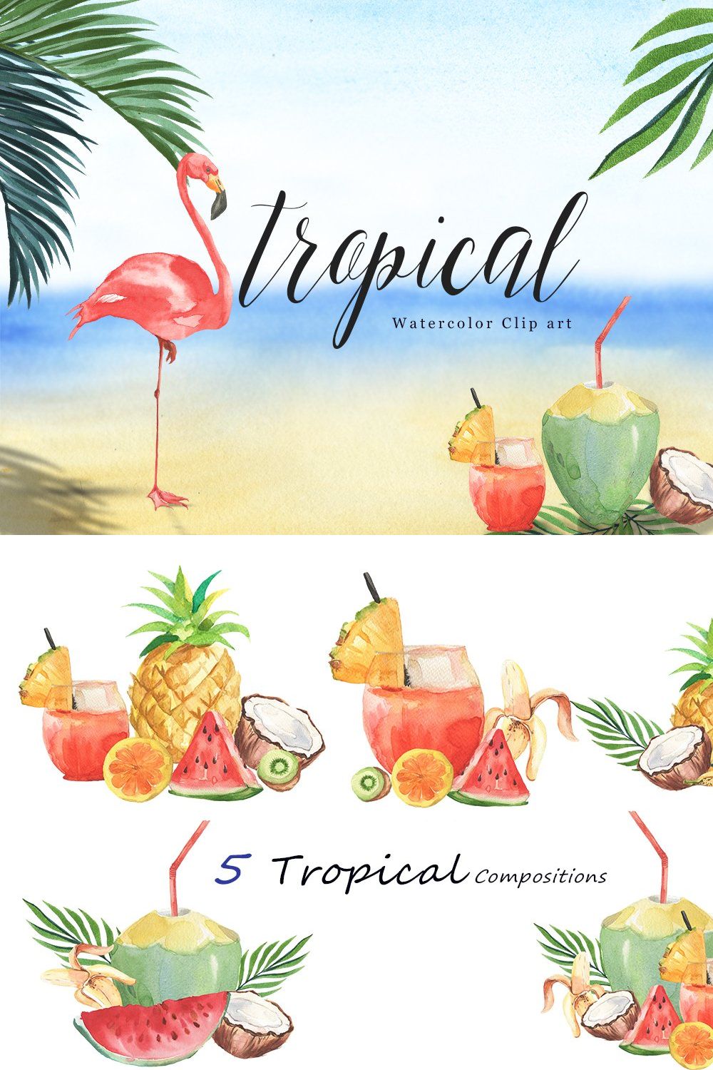 Tropical Watercolor Set pinterest preview image.