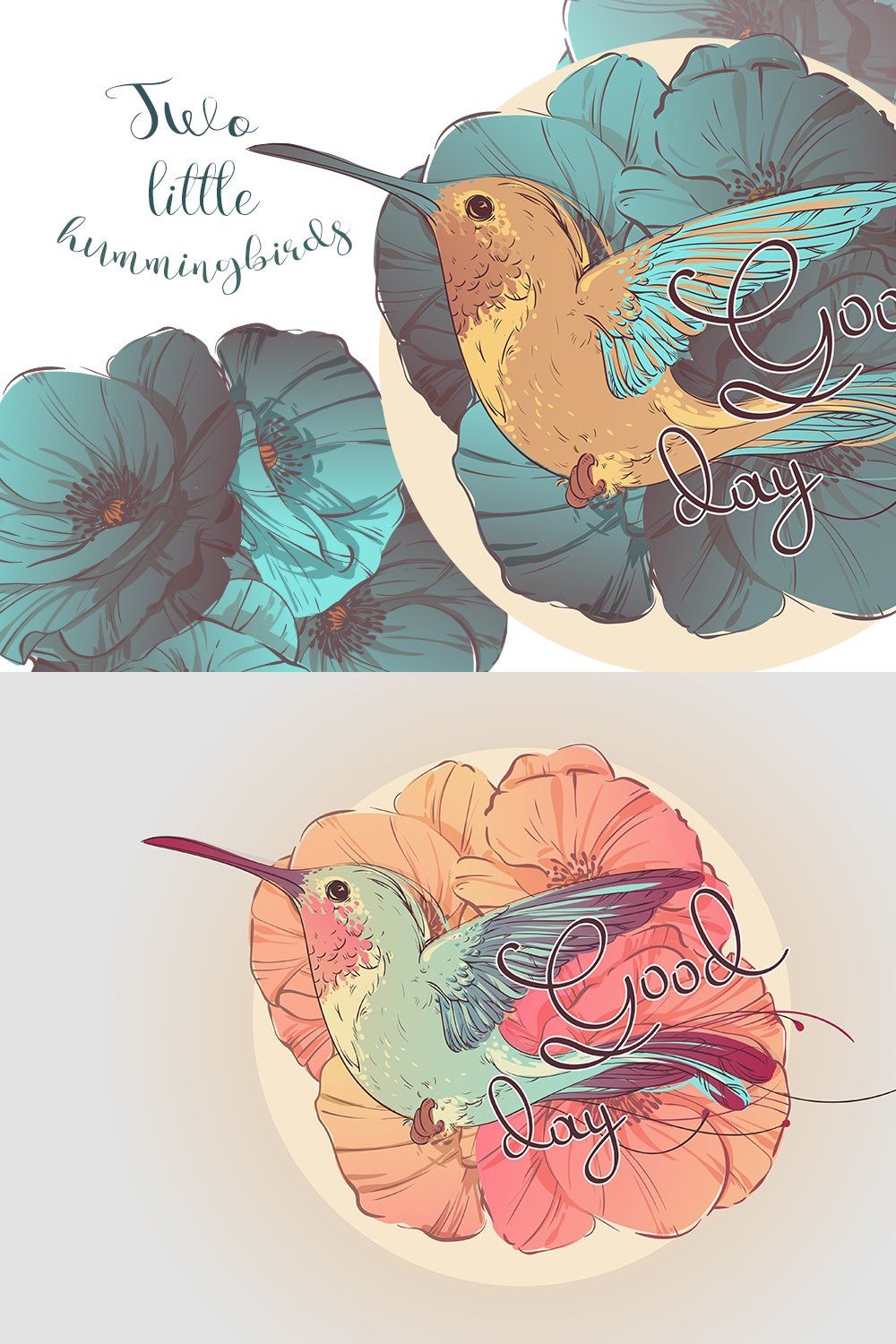Two vector illustration of colibri pinterest preview image.