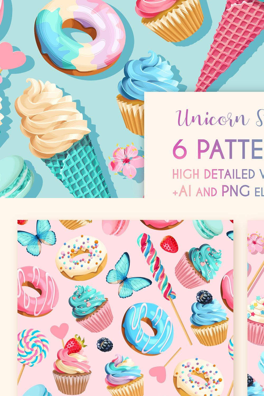 Unicorn Sweets Patterns pinterest preview image.