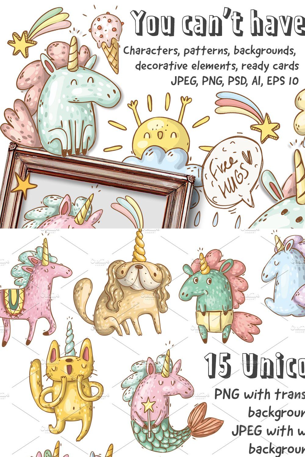 Unicorns and rainbows pinterest preview image.