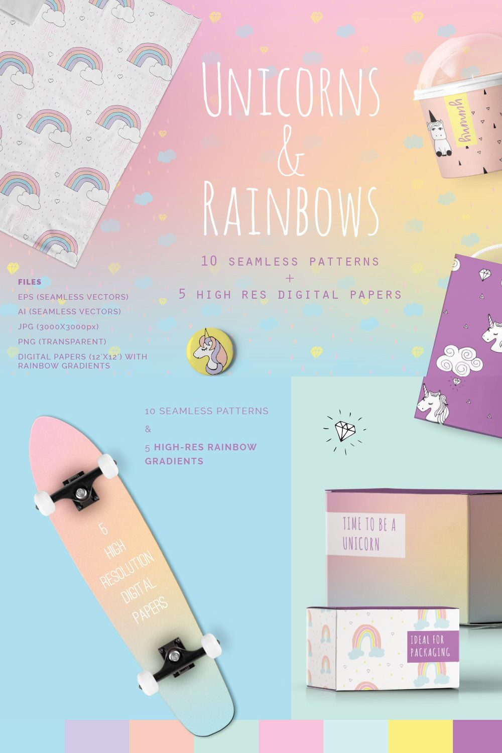 Unicorns & Rainbows Patterns pinterest preview image.