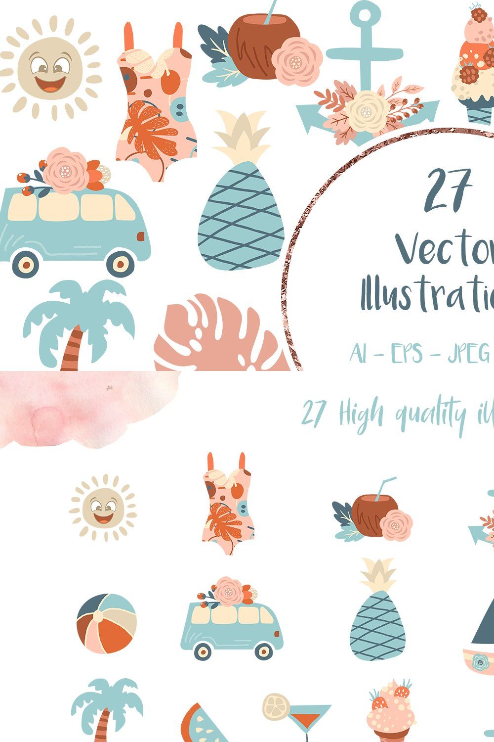 Vacation Beach Objects Illustrations pinterest preview image.
