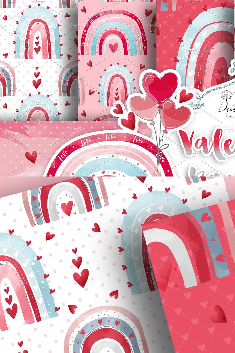 Valentine rainbow digital paper pack pinterest preview image.