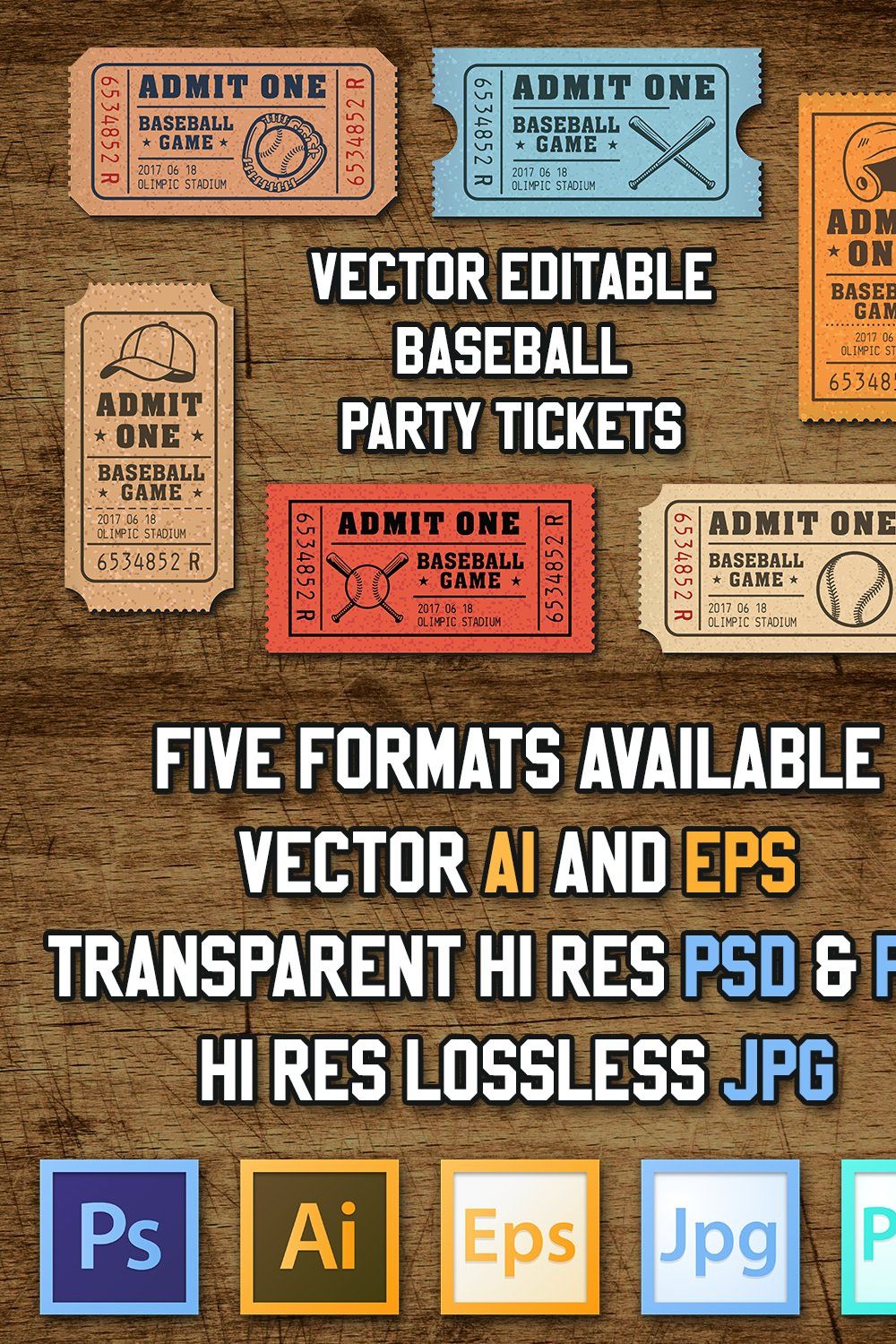Vector Editable Baseball Tickets pinterest preview image.
