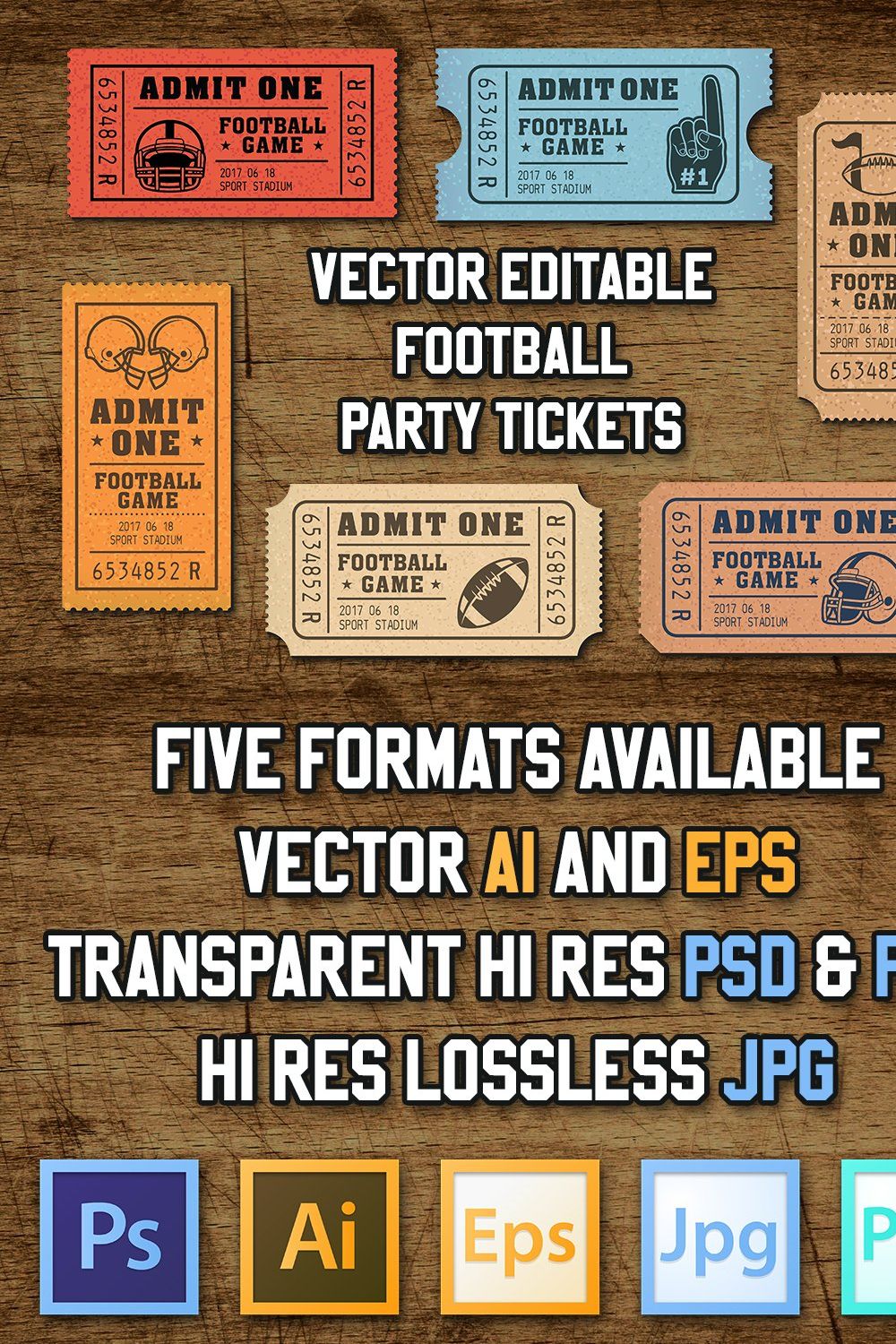 Vector Editable Football Tickets pinterest preview image.