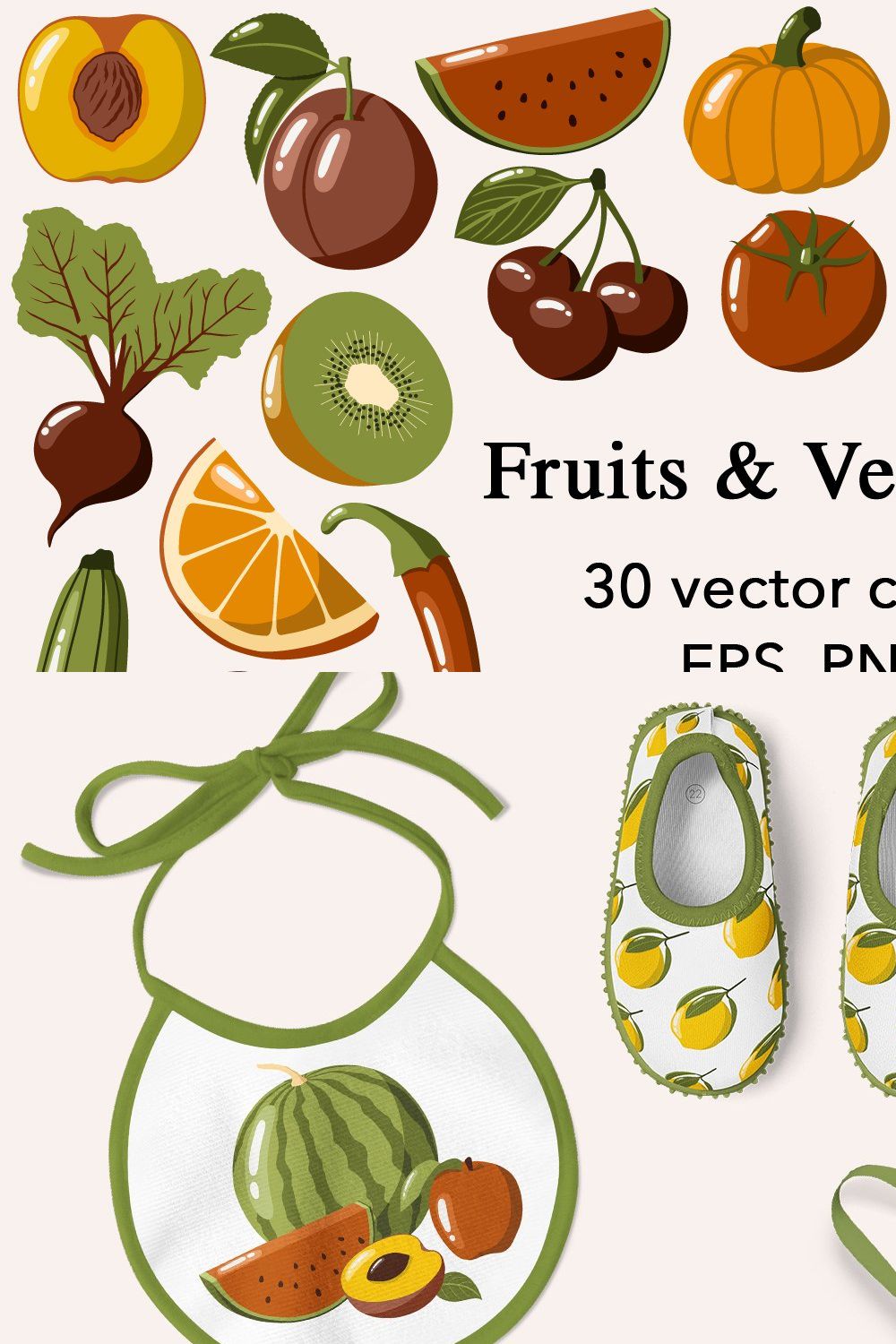 Vector Fruits and Vegetables clipart pinterest preview image.