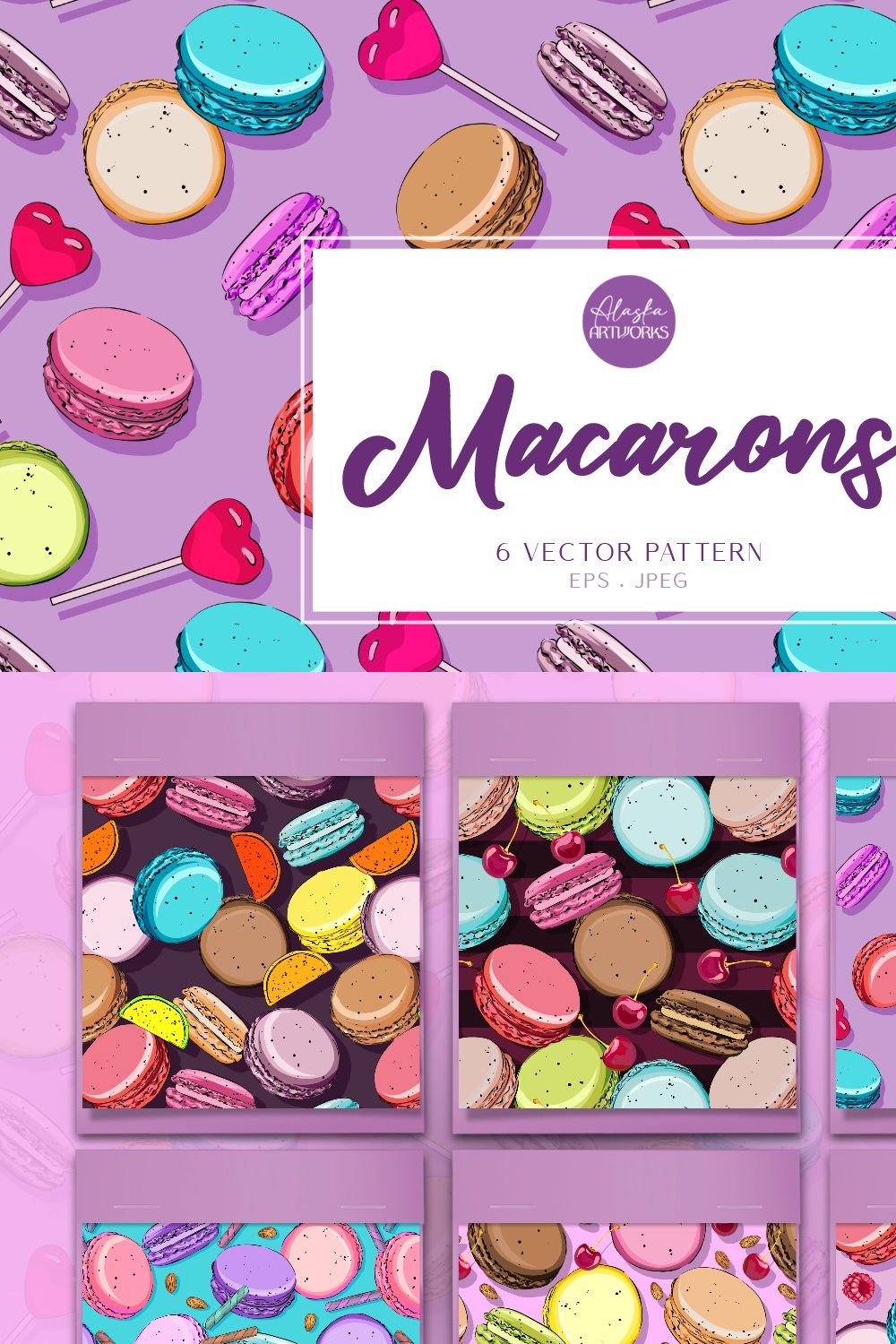 Vector patterns. Macaron, sweets pinterest preview image.