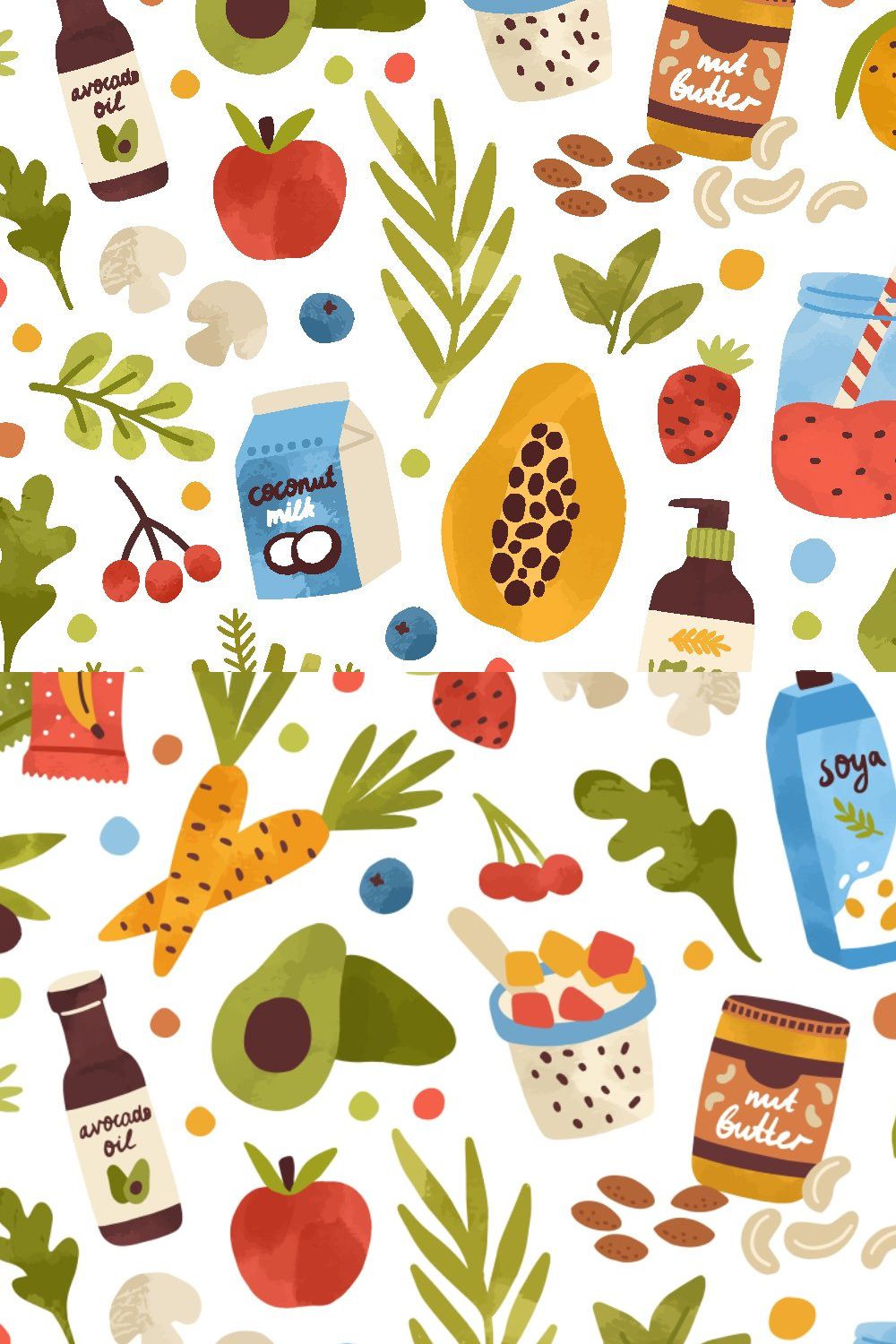 Vegan food seamless patterns pinterest preview image.