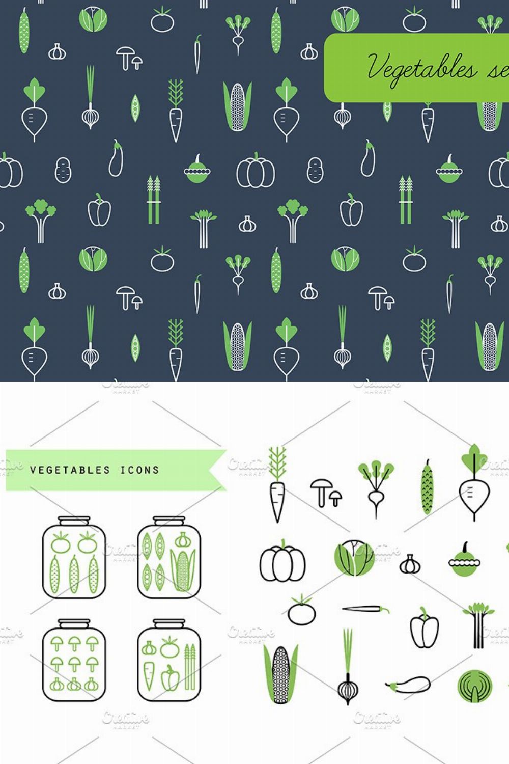 Vegetables. Icons, patterns. pinterest preview image.