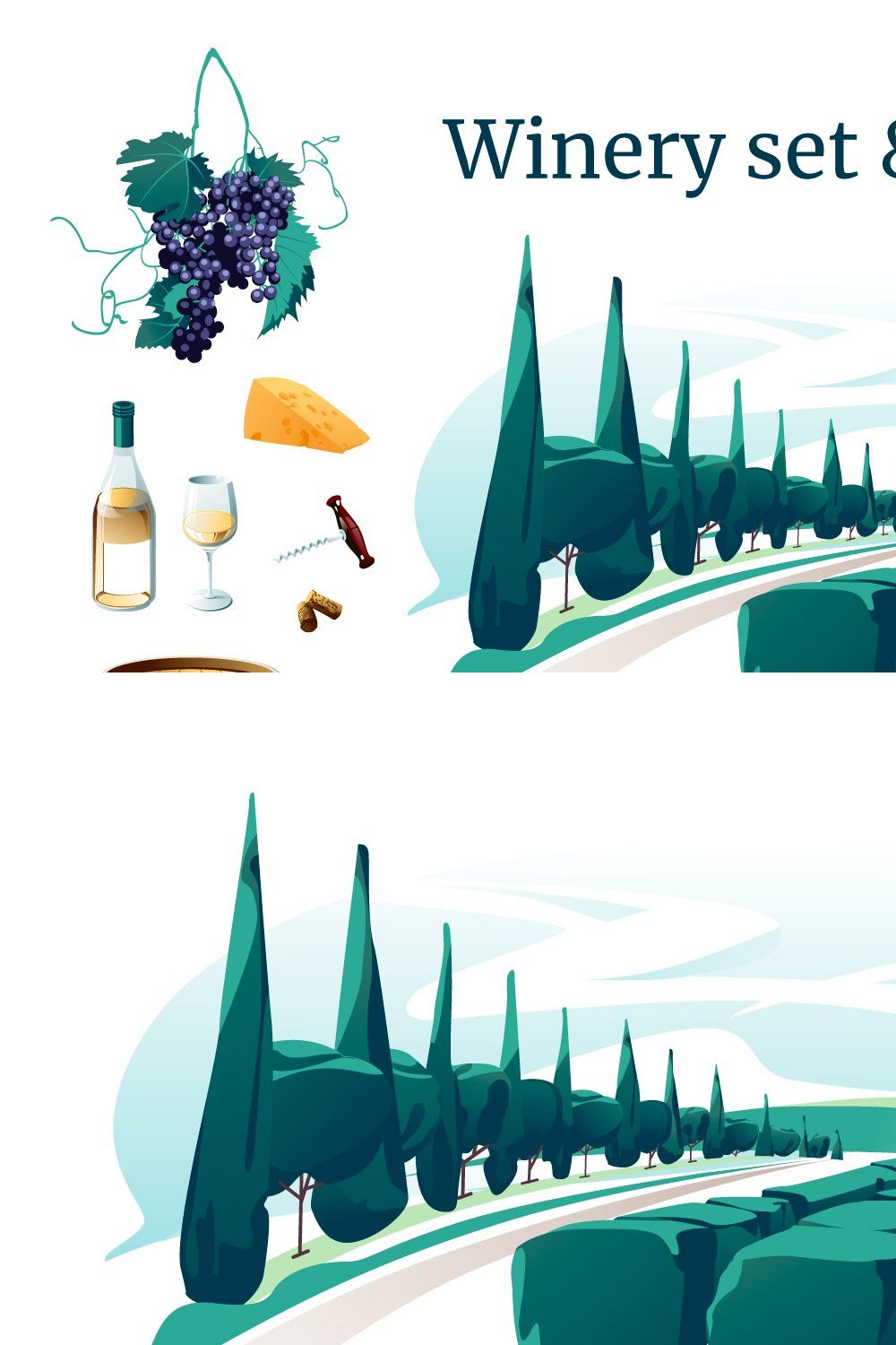 Vineyard landscape & wine set pinterest preview image.