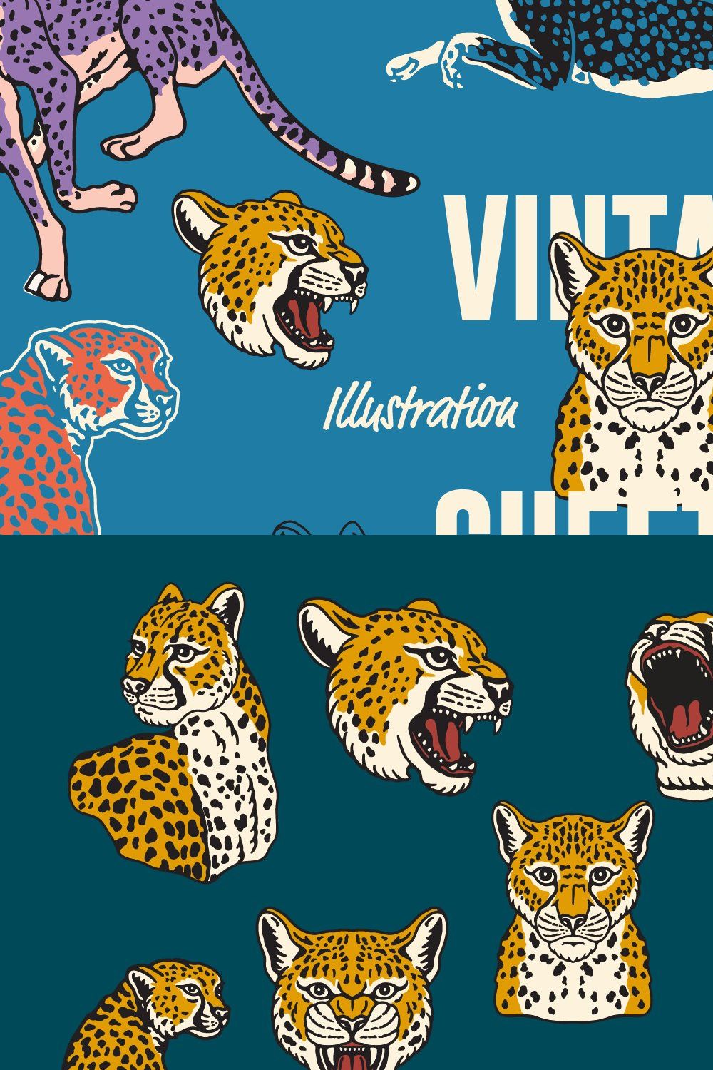 Vintage Cheetah Illustrations pinterest preview image.