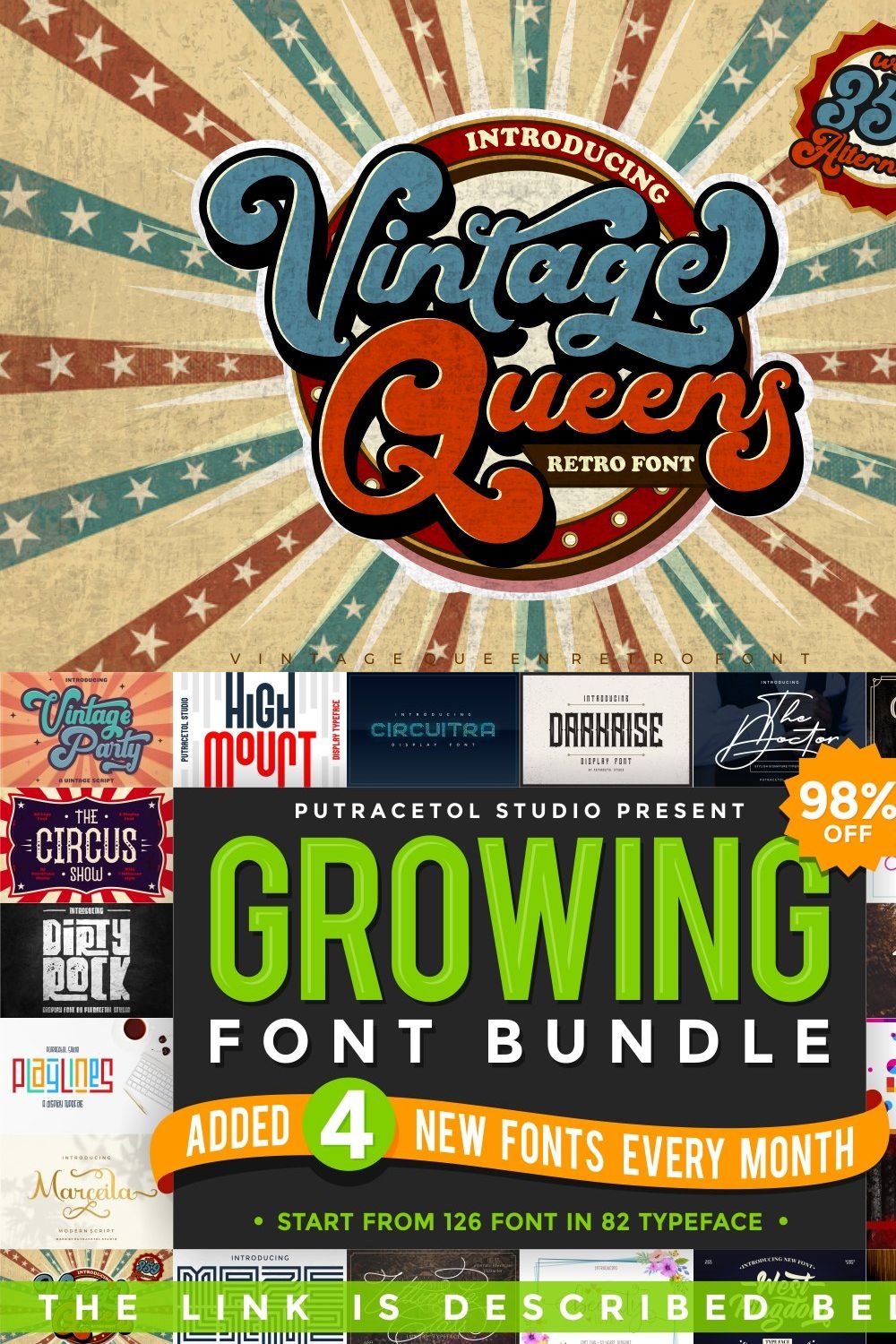 Vintage Queens - Retro Bold Script pinterest preview image.