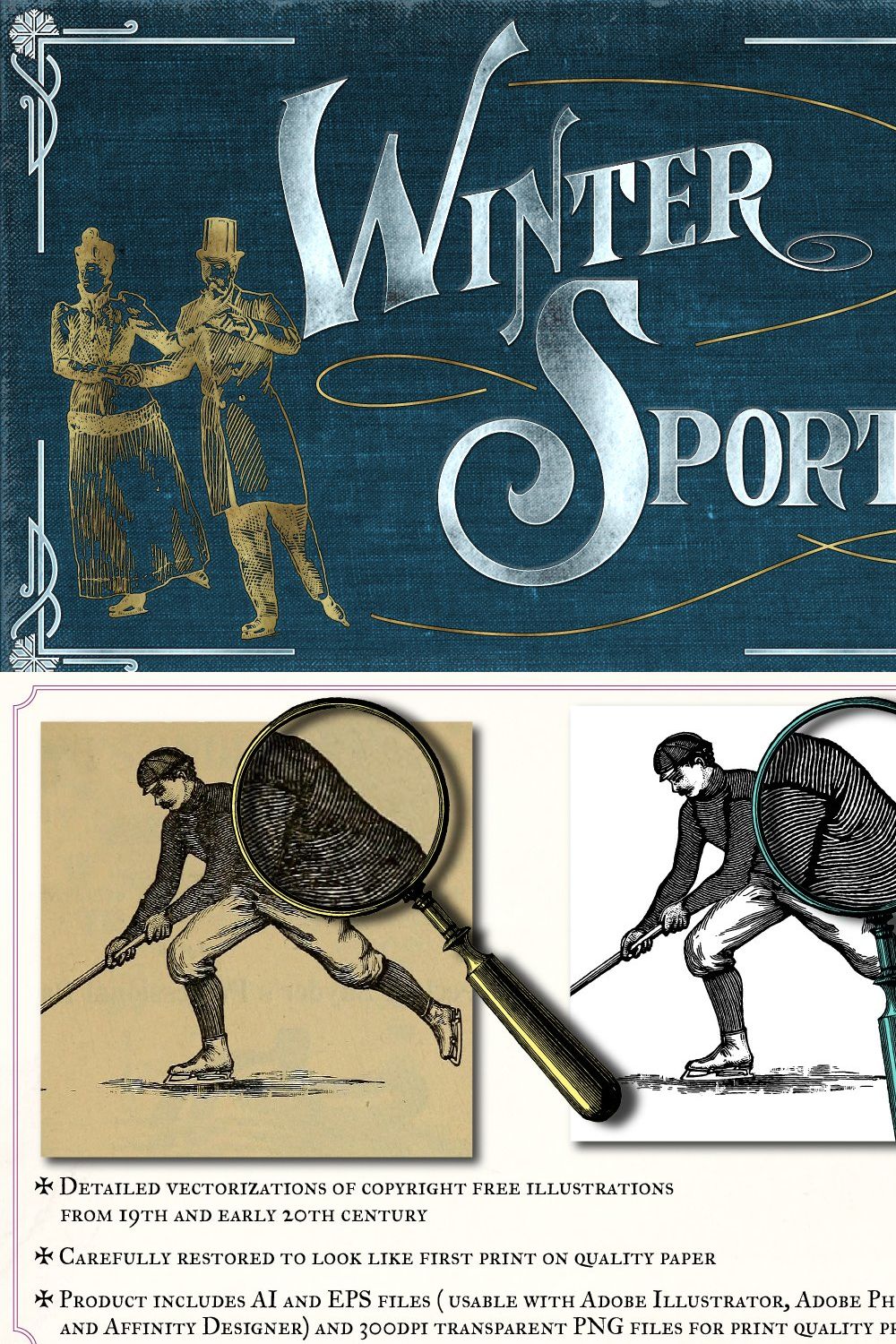 Vintage Winter Sports Illustrations pinterest preview image.