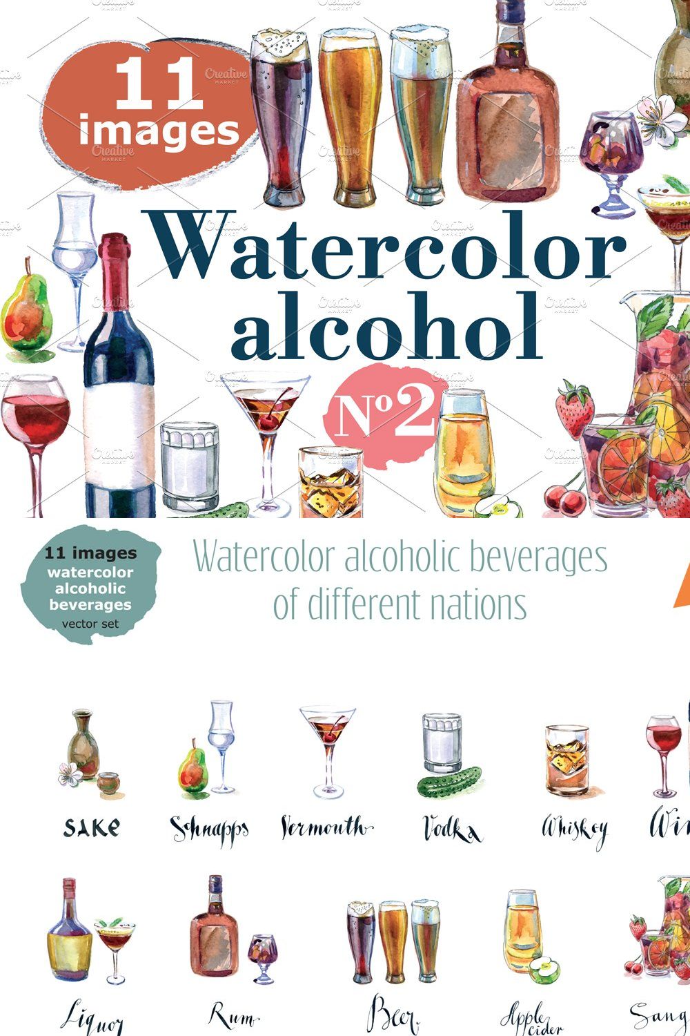 Watercolor alcohol-2 vector set pinterest preview image.