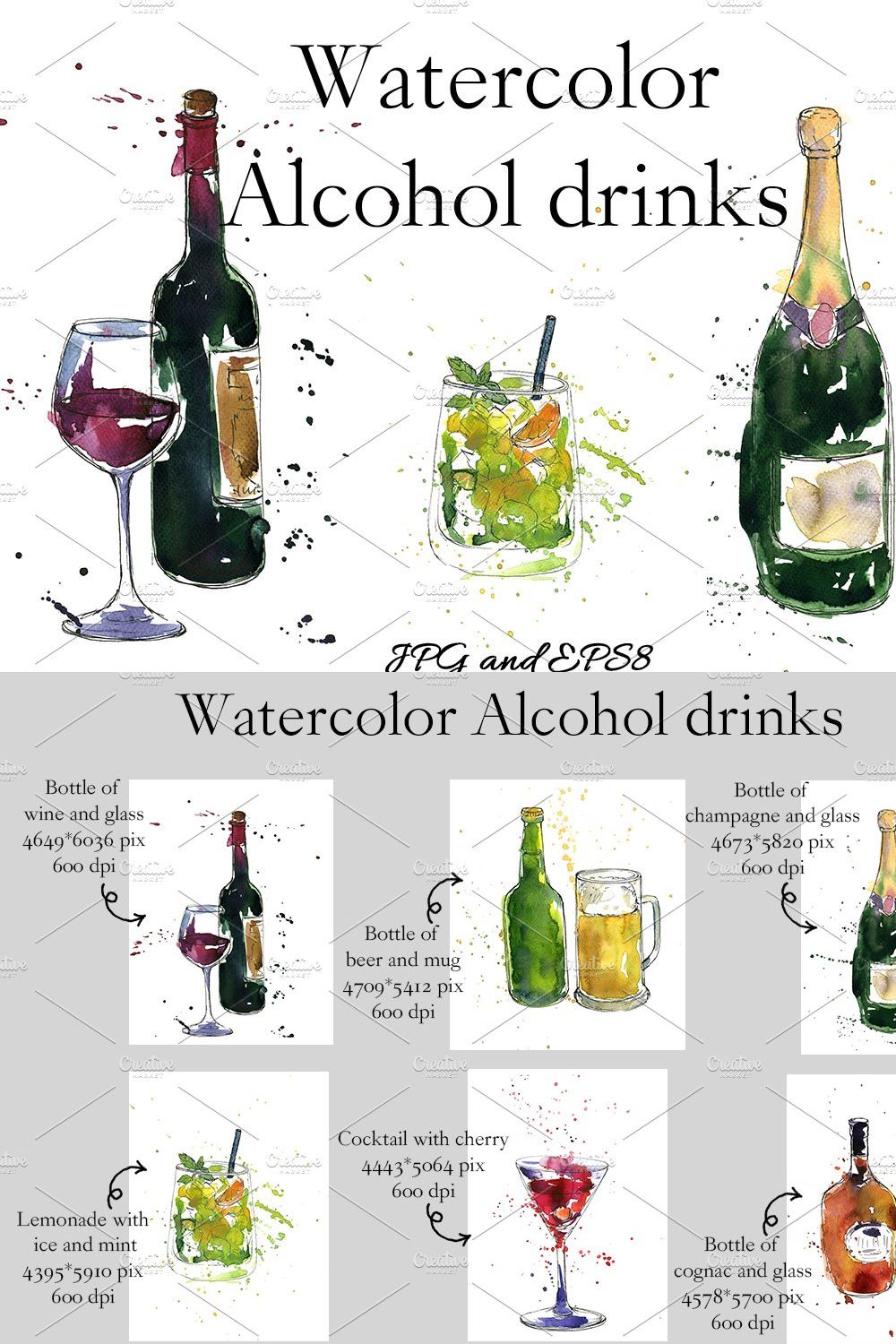 Watercolor Alcohol Drinks pinterest preview image.