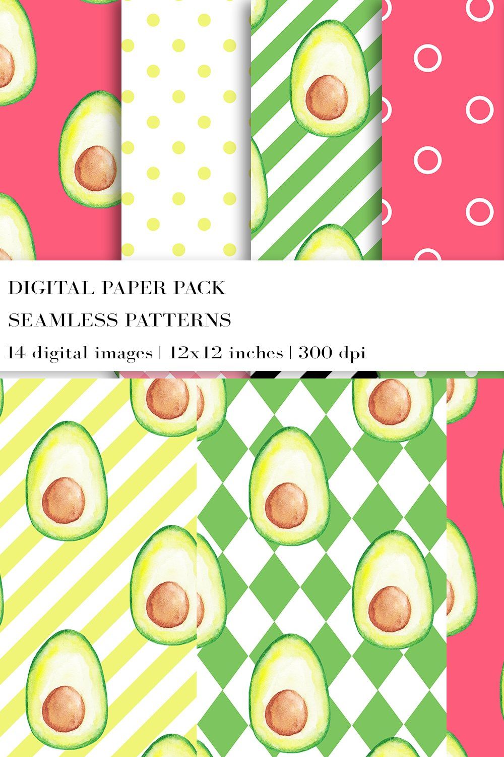 Watercolor Avocado Digital Papers pinterest preview image.