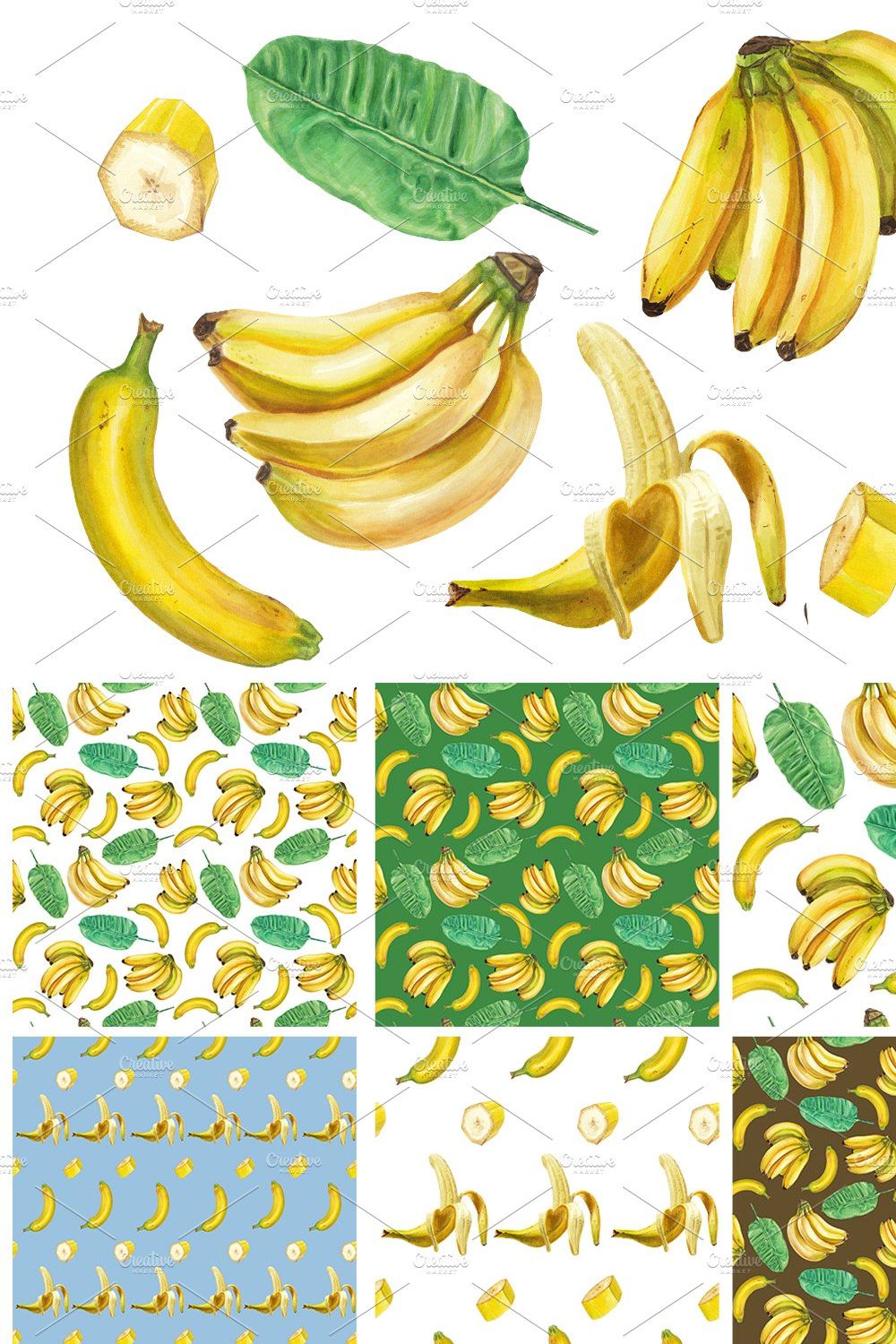 Watercolor banana set pinterest preview image.