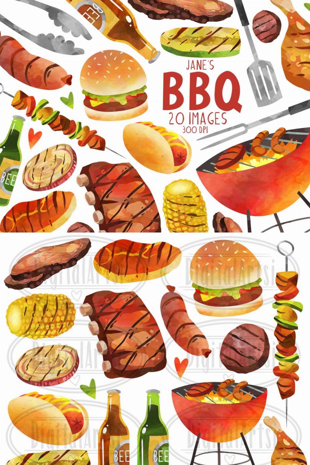 Watercolor BBQ Clipart pinterest preview image.