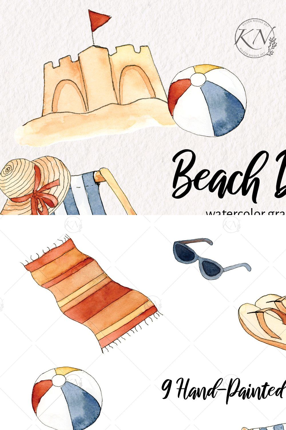 Watercolor Beach Day Graphics pinterest preview image.