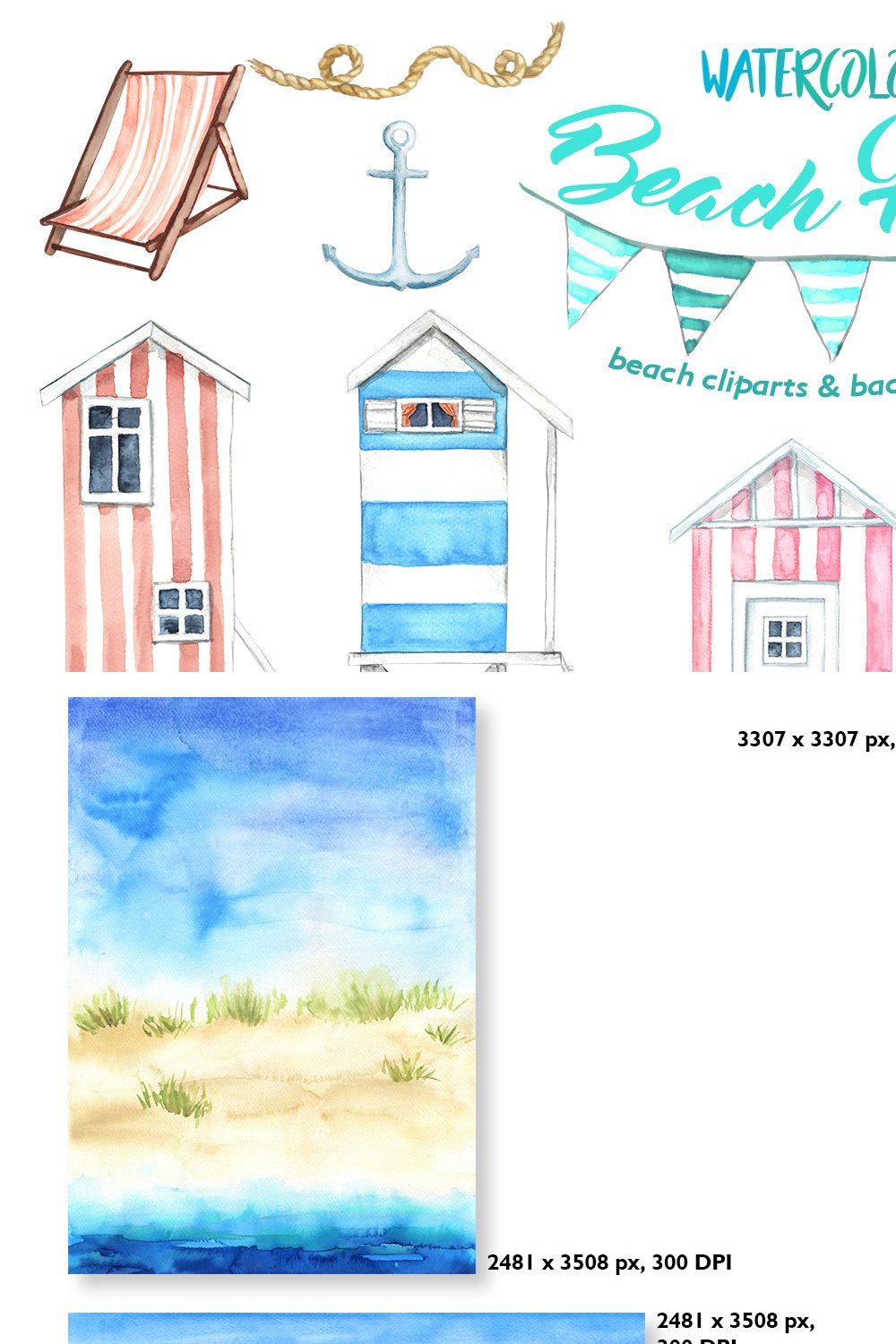 Watercolor Beach Huts pinterest preview image.