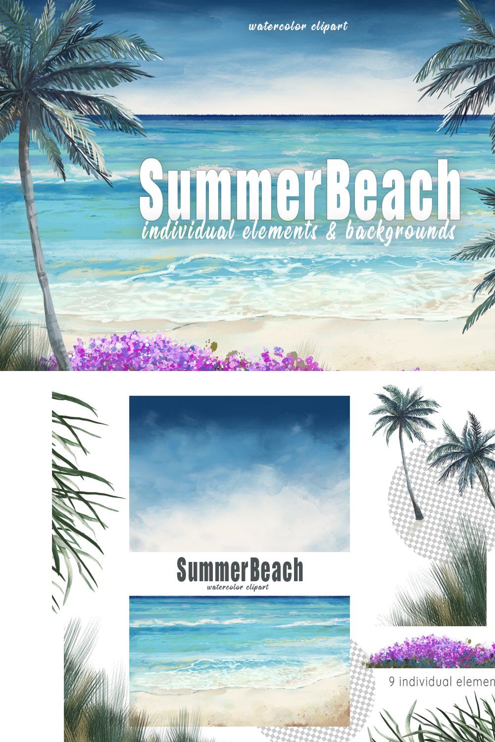 Watercolor Beach Landscape Clipart pinterest preview image.