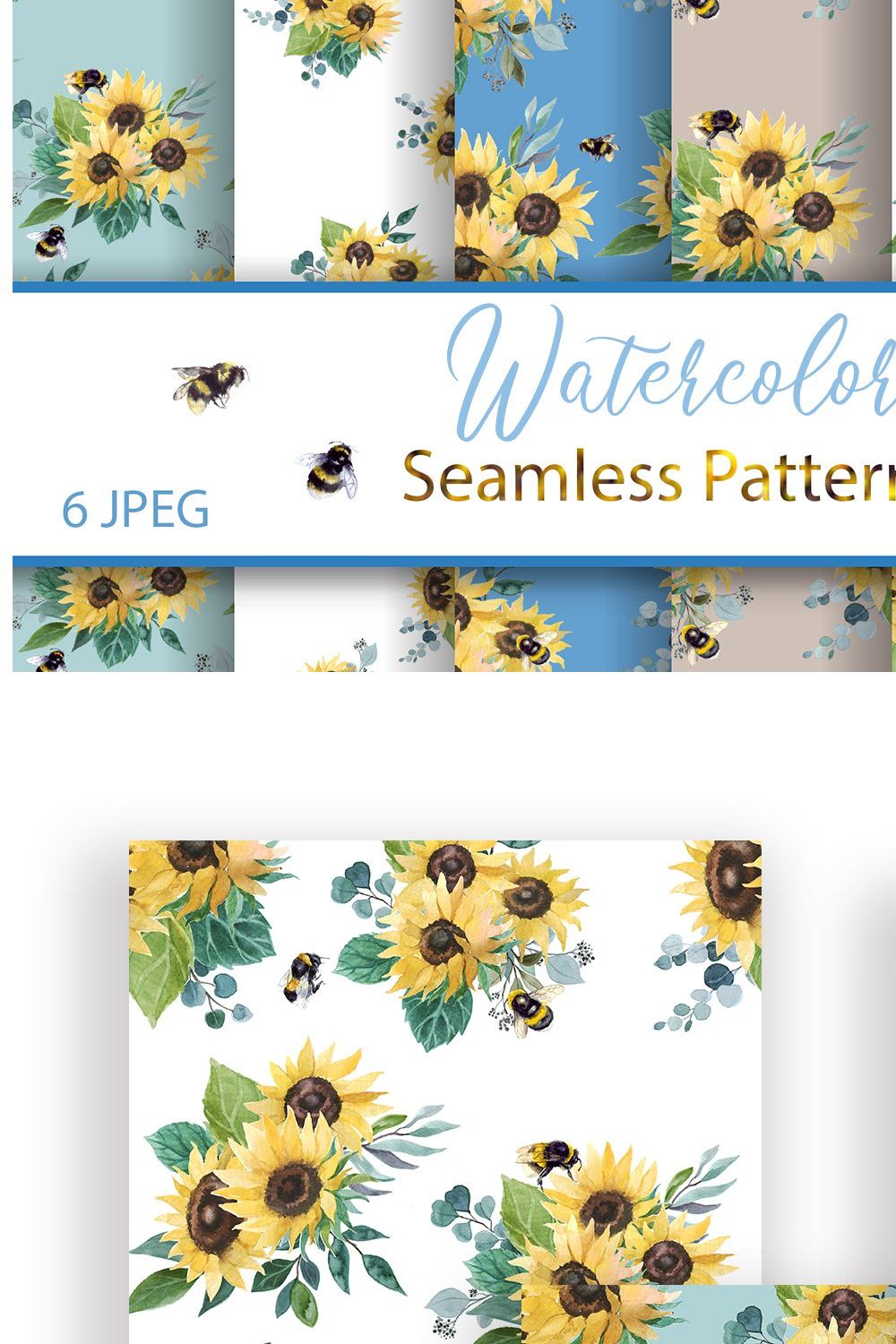 Watercolor bees seamless patterns pinterest preview image.