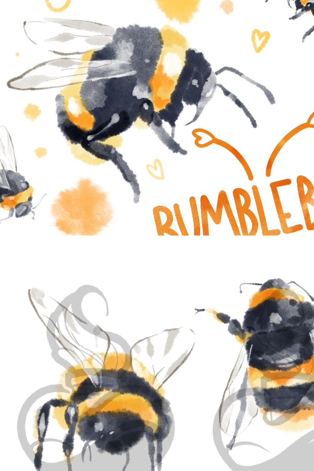 Watercolor Bumble bee clipart. pinterest preview image.