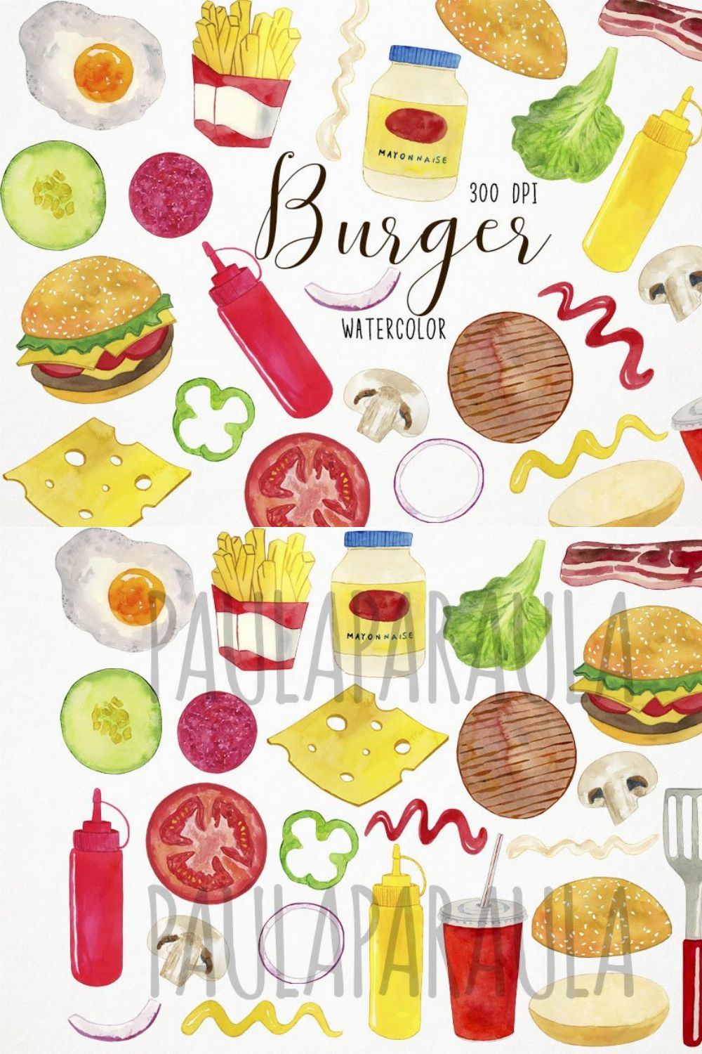 Watercolor Burger Clipart, Bbq pinterest preview image.